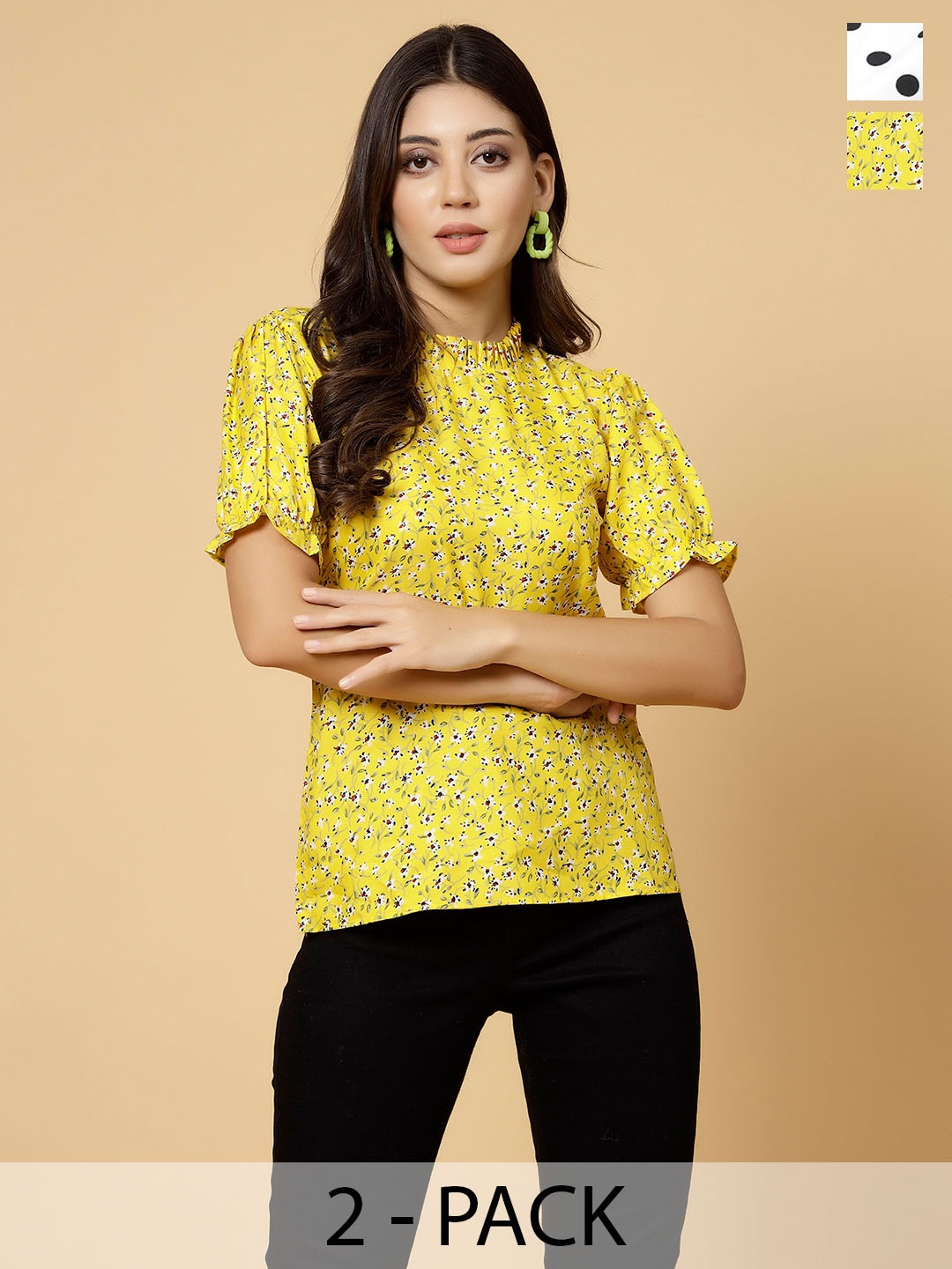 

MISS AYSE Pack Of 2 Floral Printed Round Neck Puff Sleeves Tops, Yellow