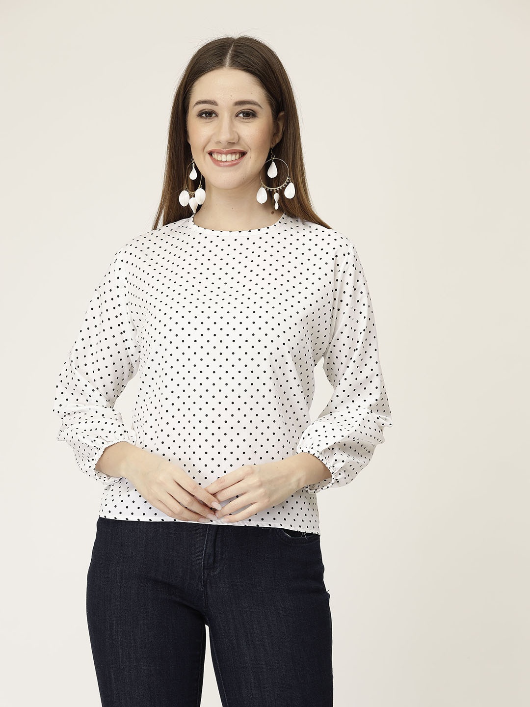 

MISS AYSE Pack Of 2 Polka Dot Printed Round Neck Puff Sleeves Tops, White