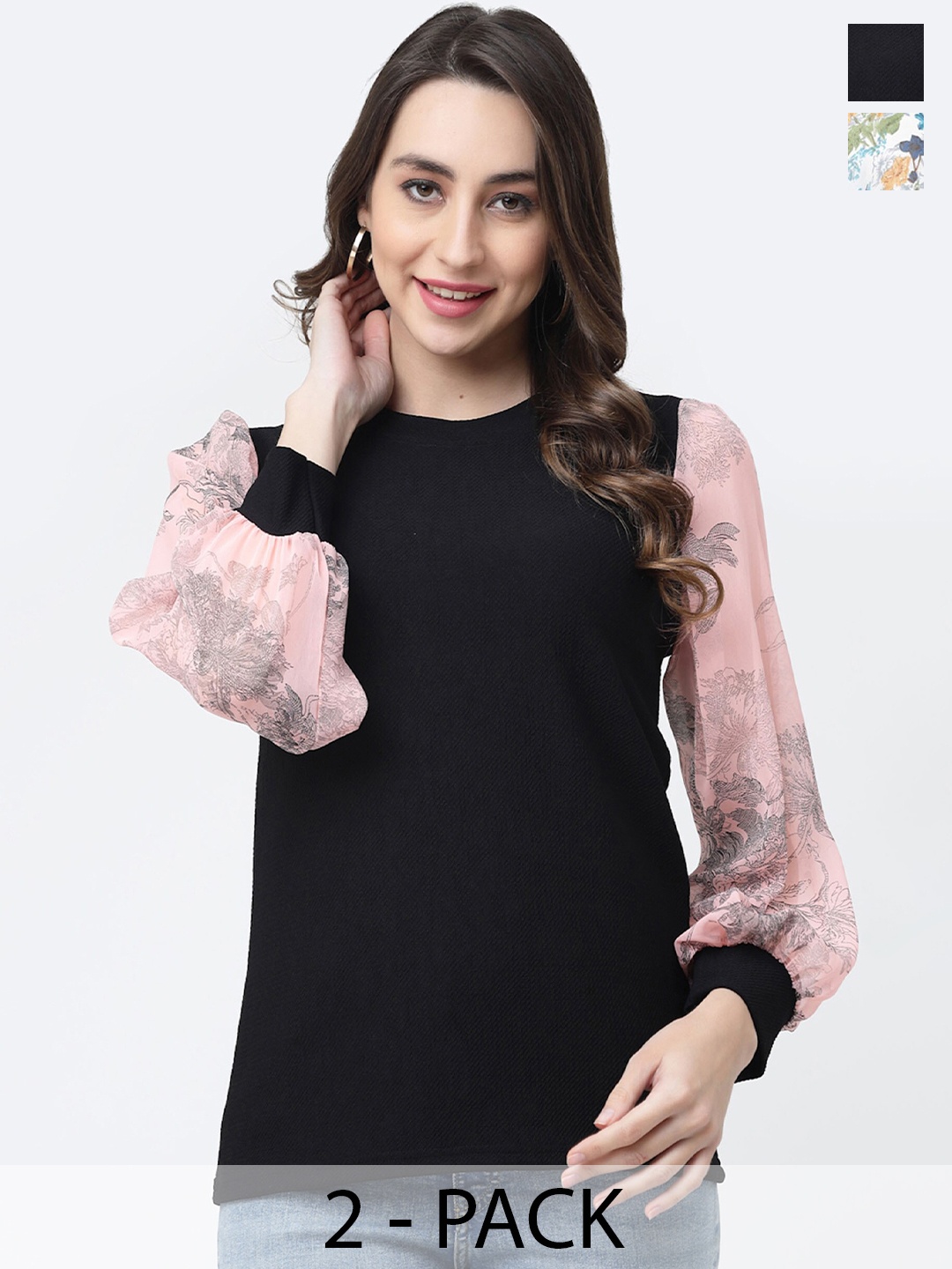 

MISS AYSE Pack Of 2 Puff Sleeves Top, Black