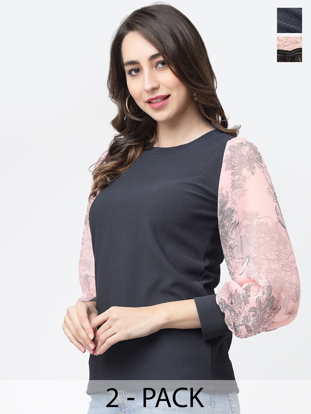 

MISS AYSE Pack Of 2 Floral Printed Round Neck Puff Sleeves Tops, Grey