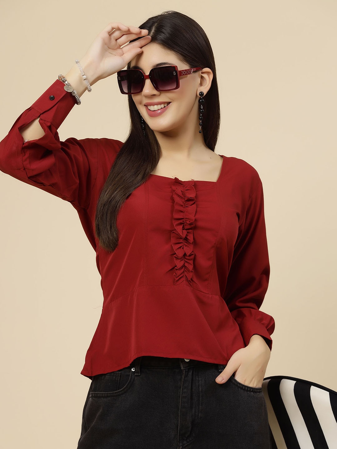 

MISS AYSE Pack Of 2 Square Neck Puff Sleeves Ruffles Tops, Maroon