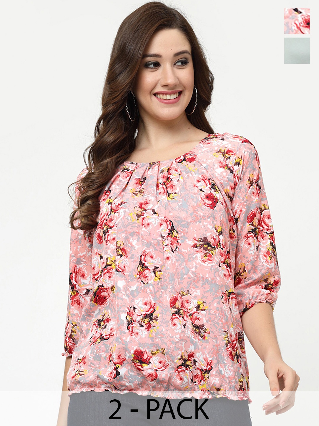 

MISS AYSE Pack Of 2 Floral Printed Tie-Up Neck Tops, Pink