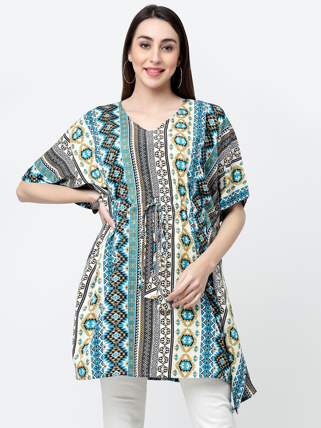 

MISS AYSE Pack Of 2 Ethnic Motifs Printed V-Neck Kimono Sleeves Kaftan Top, Green