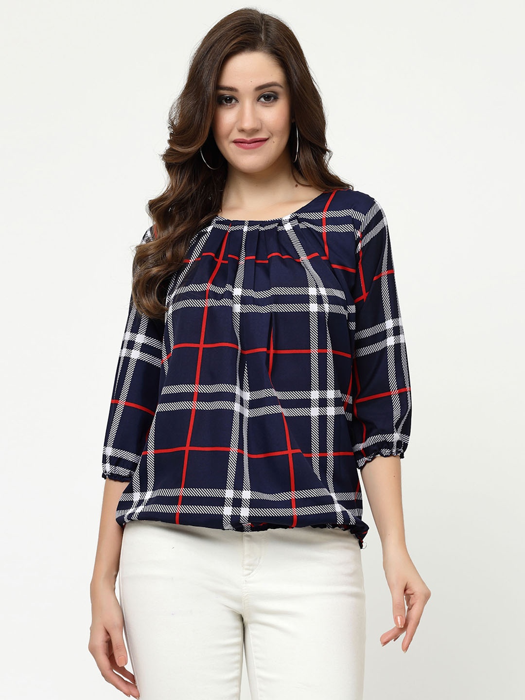 

MISS AYSE Pack Of 2 Checked Printed Round Neck Tops, Multi