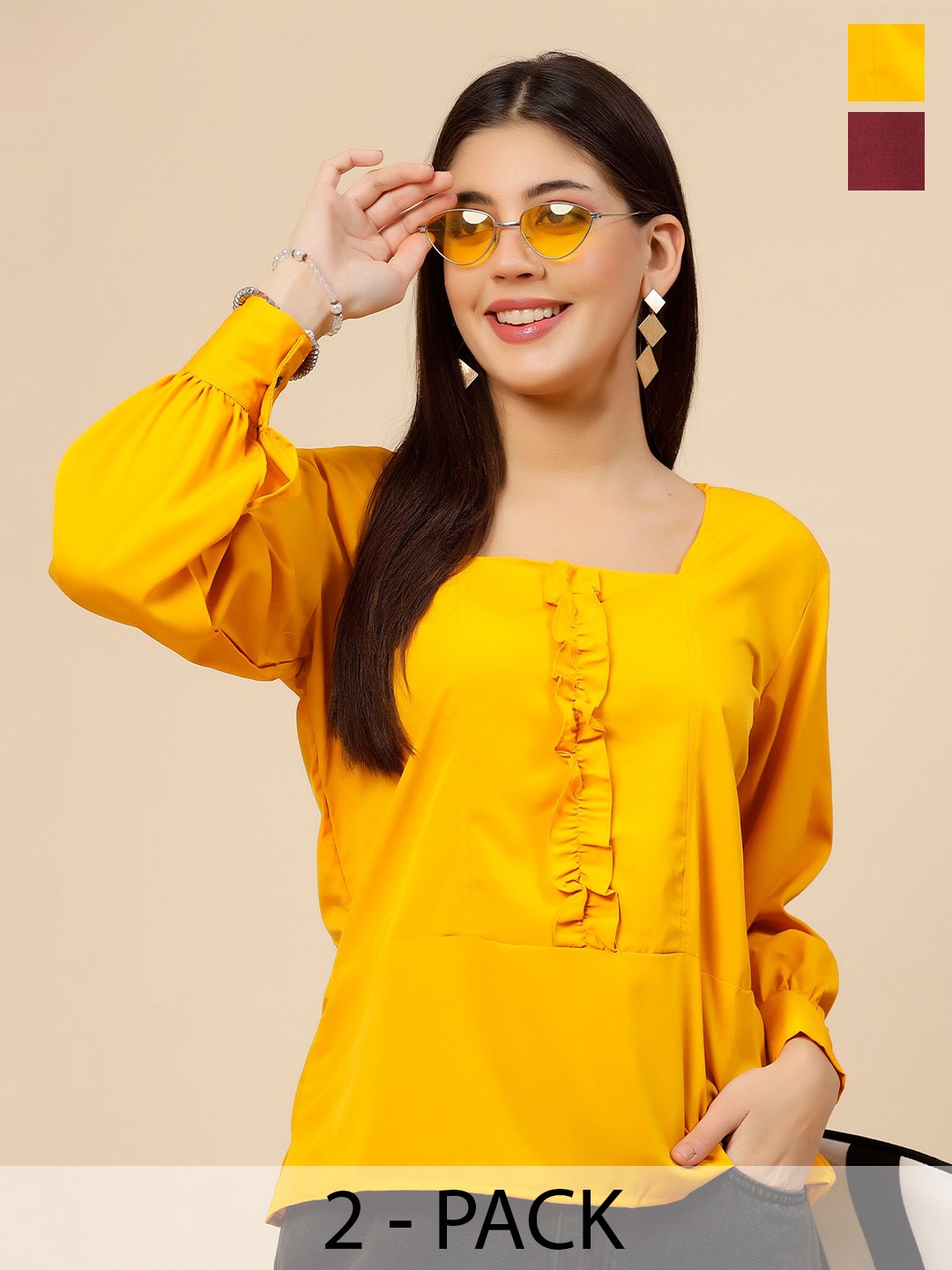 

MISS AYSE Pack Of 2 Square Neck Puff Sleeves Ruffles Tops, Mustard