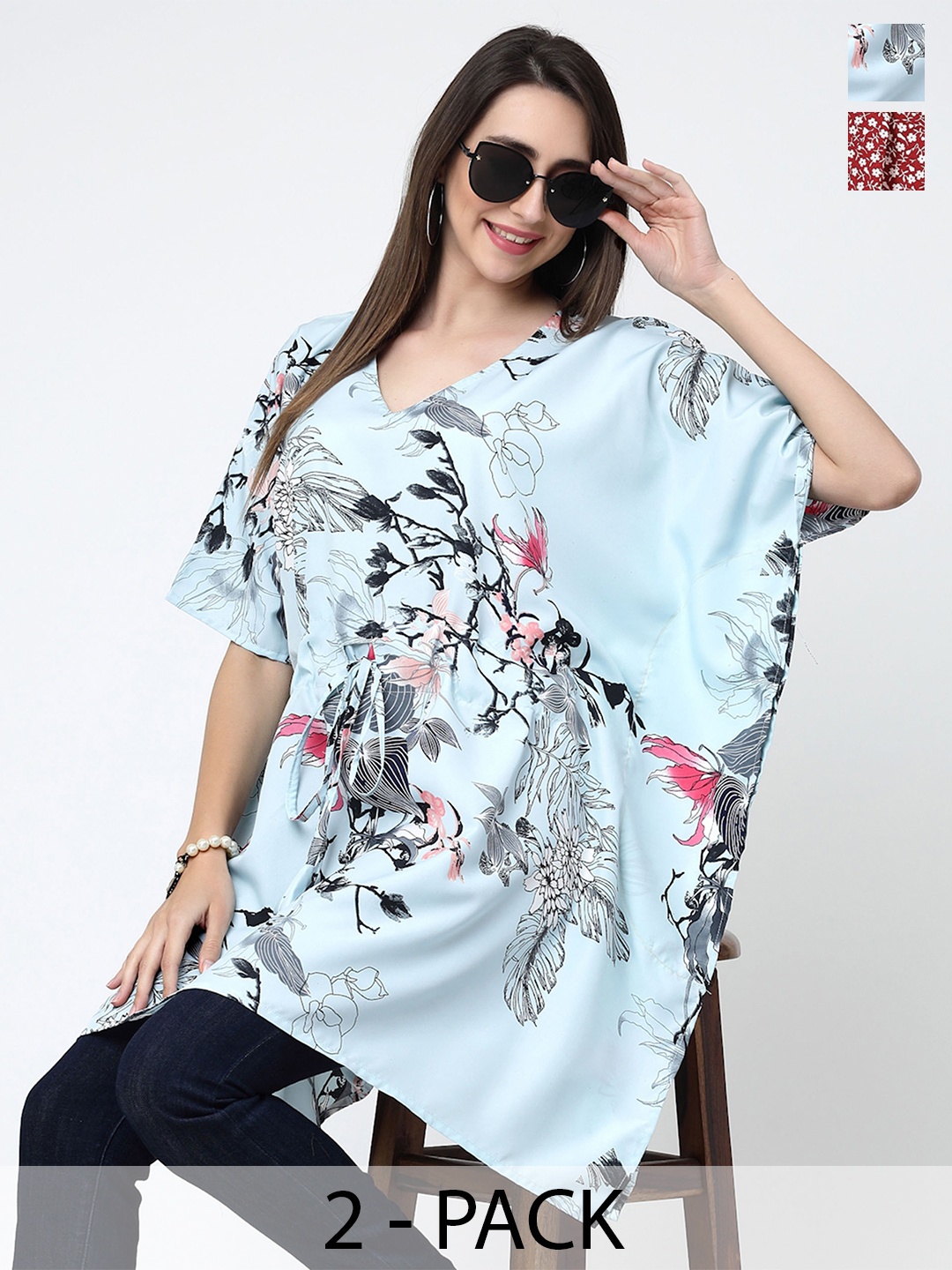 

MISS AYSE Pack Of 2 Floral Printed Kimono Sleeves Top, Blue