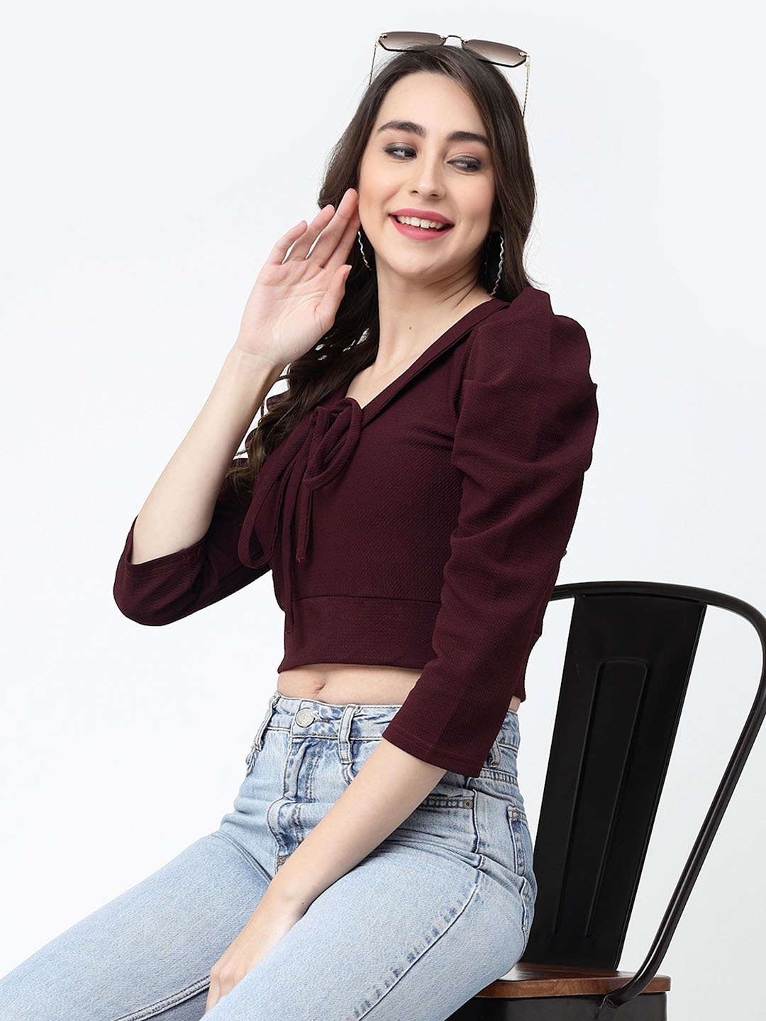 

MISS AYSE Pack of 2 V Neck Puff Sleeves Crop Top, Maroon