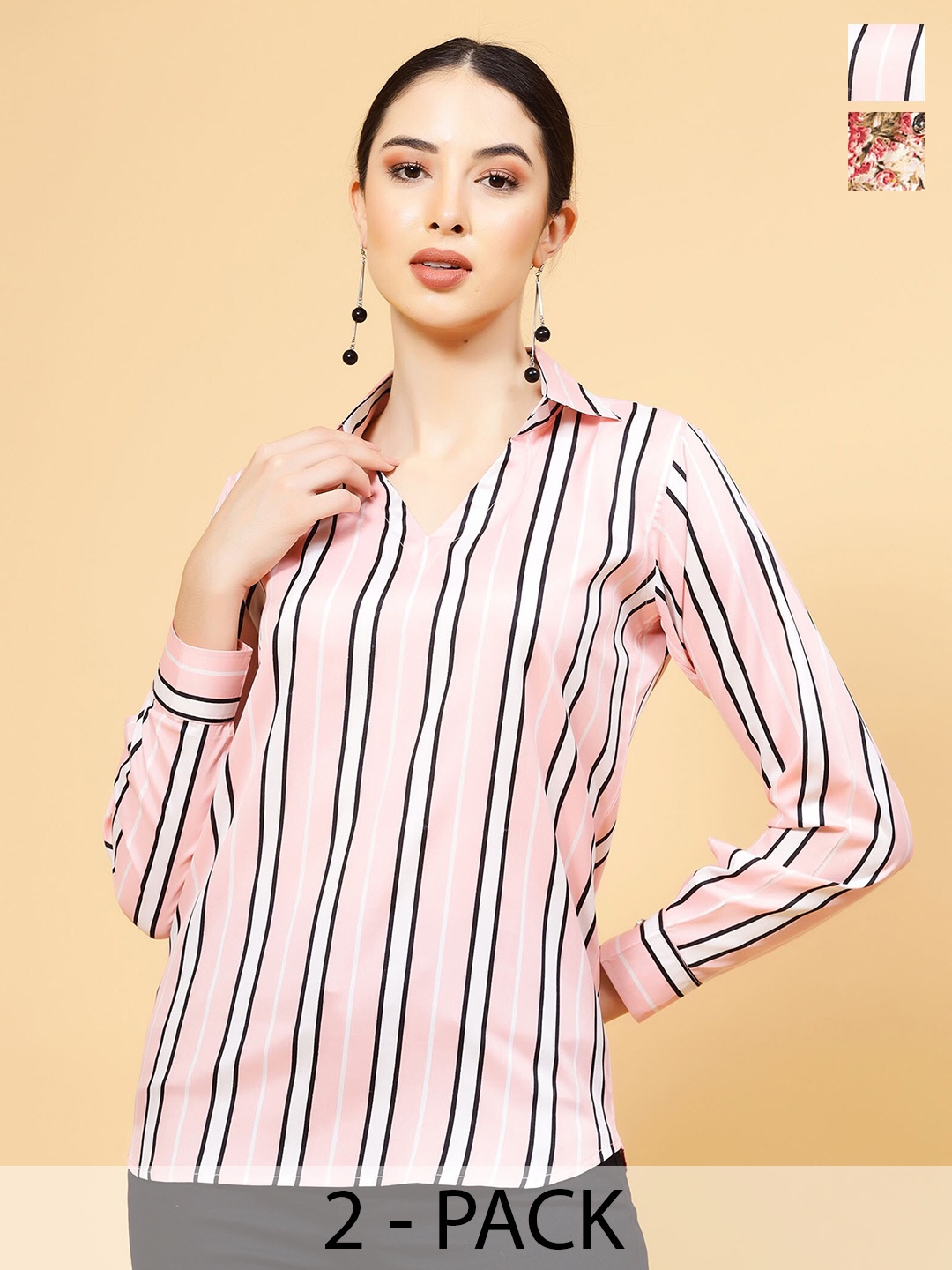 

MISS AYSE Pack of 2 Short Collar Long Sleeves Striped Crepe Top, Pink