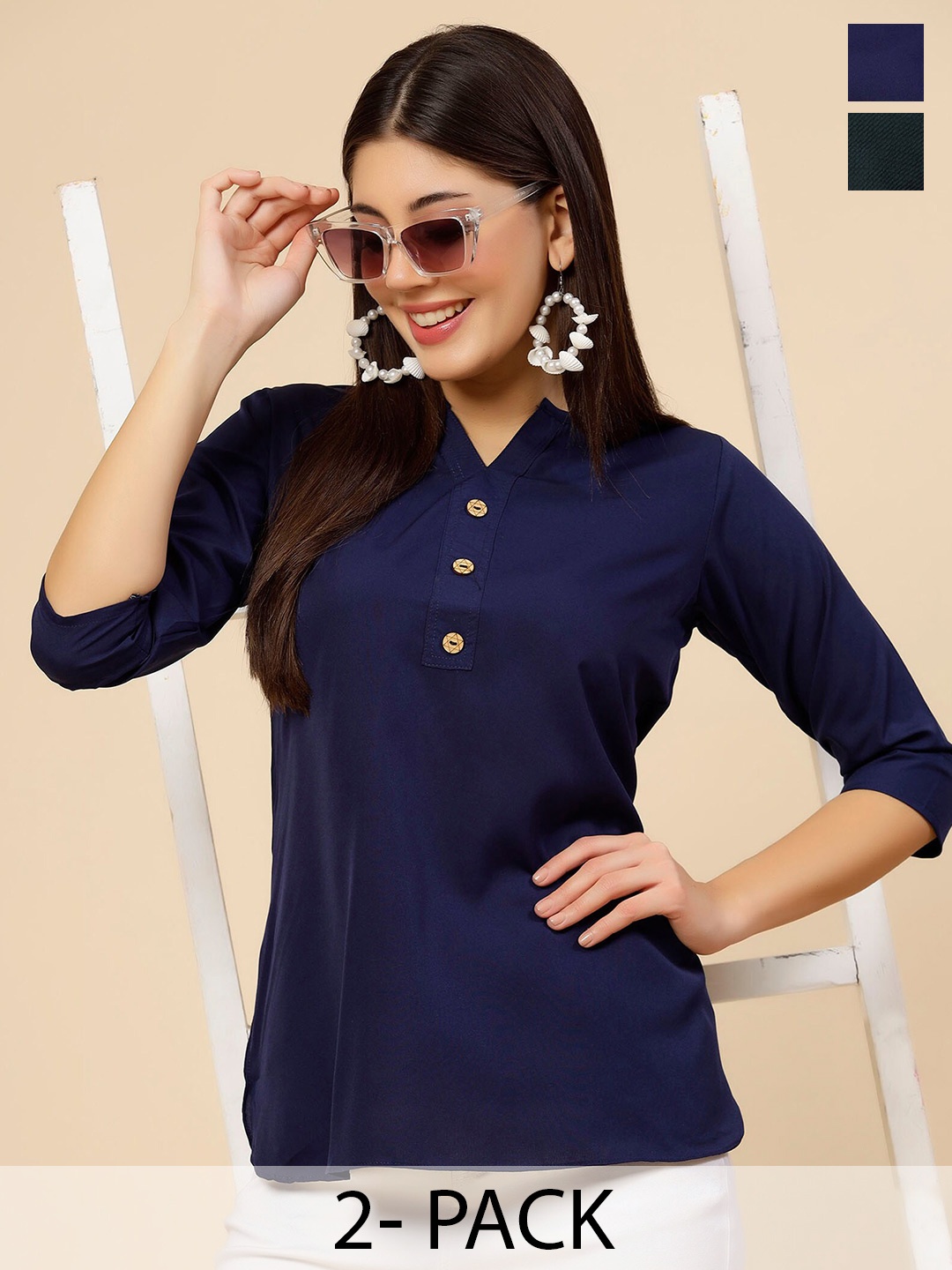 

MISS AYSE Pack of 2 Shirt Collar Roll-Up Sleeves Shirt Style Top, Navy blue