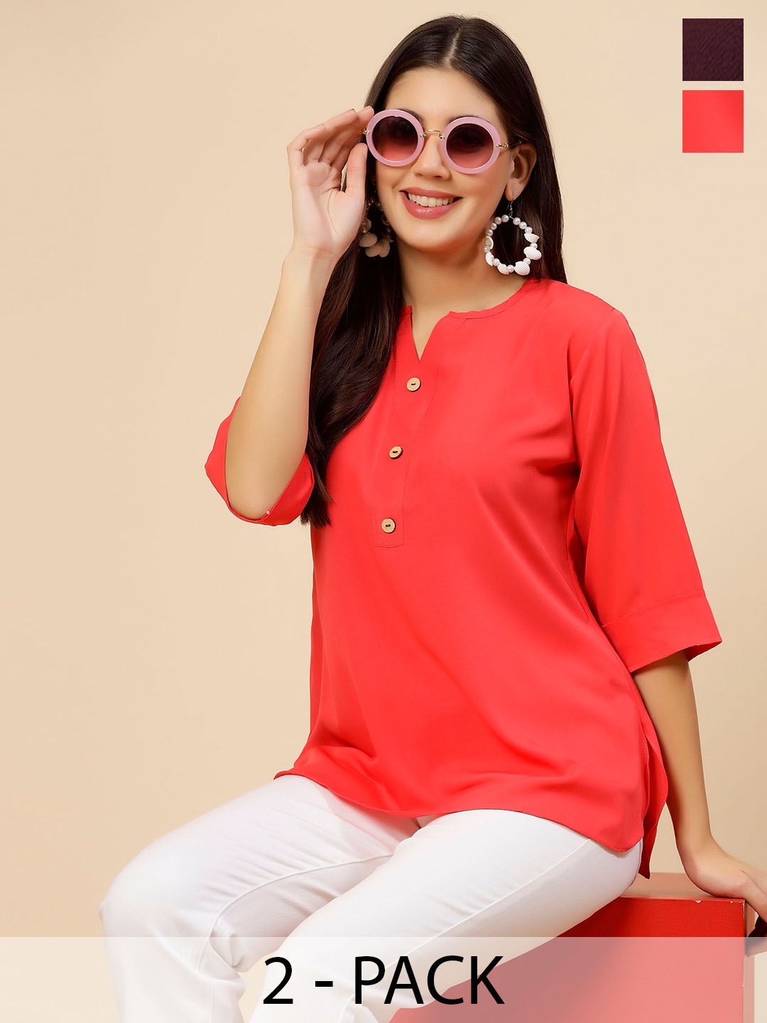 

MISS AYSE Pack of 2 Notch Neck Shirt Style Top, Red