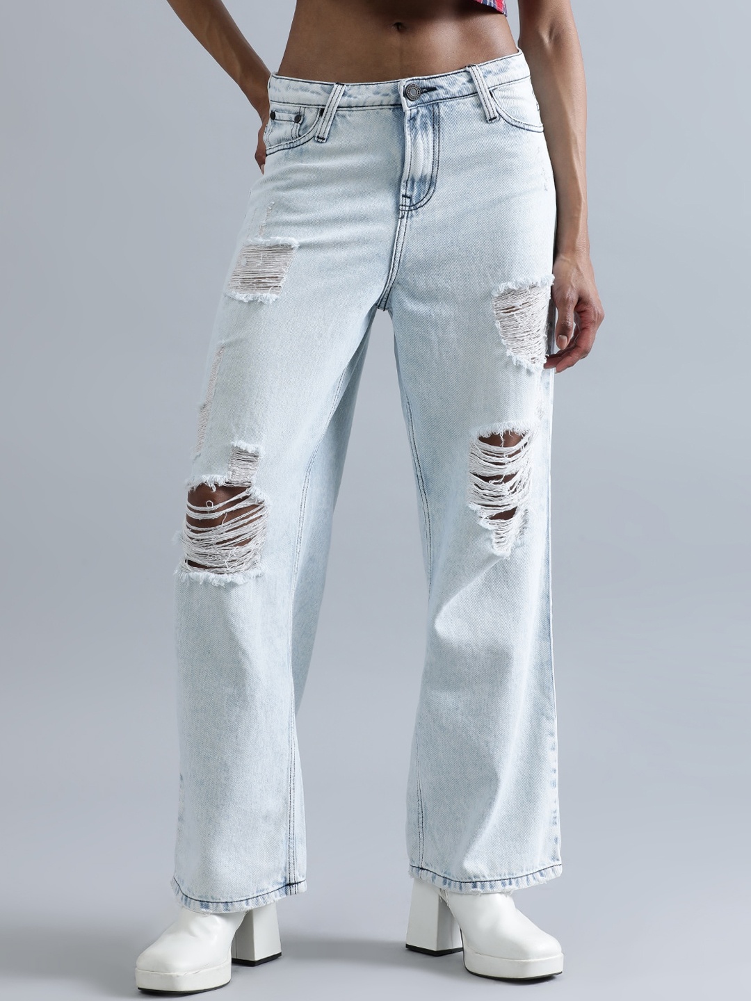 

Bene Kleed Women Relaxed Fit High-Rise Pure Cotton Highly Distressed Jeans, Blue