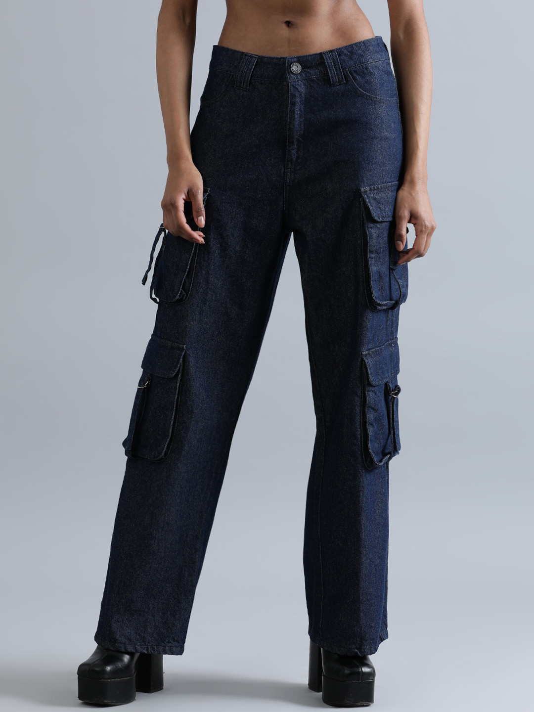 

Bene Kleed Womens High-Rise Relaxed Fit Clean Look Jeans with Cargo Pockets, Navy blue