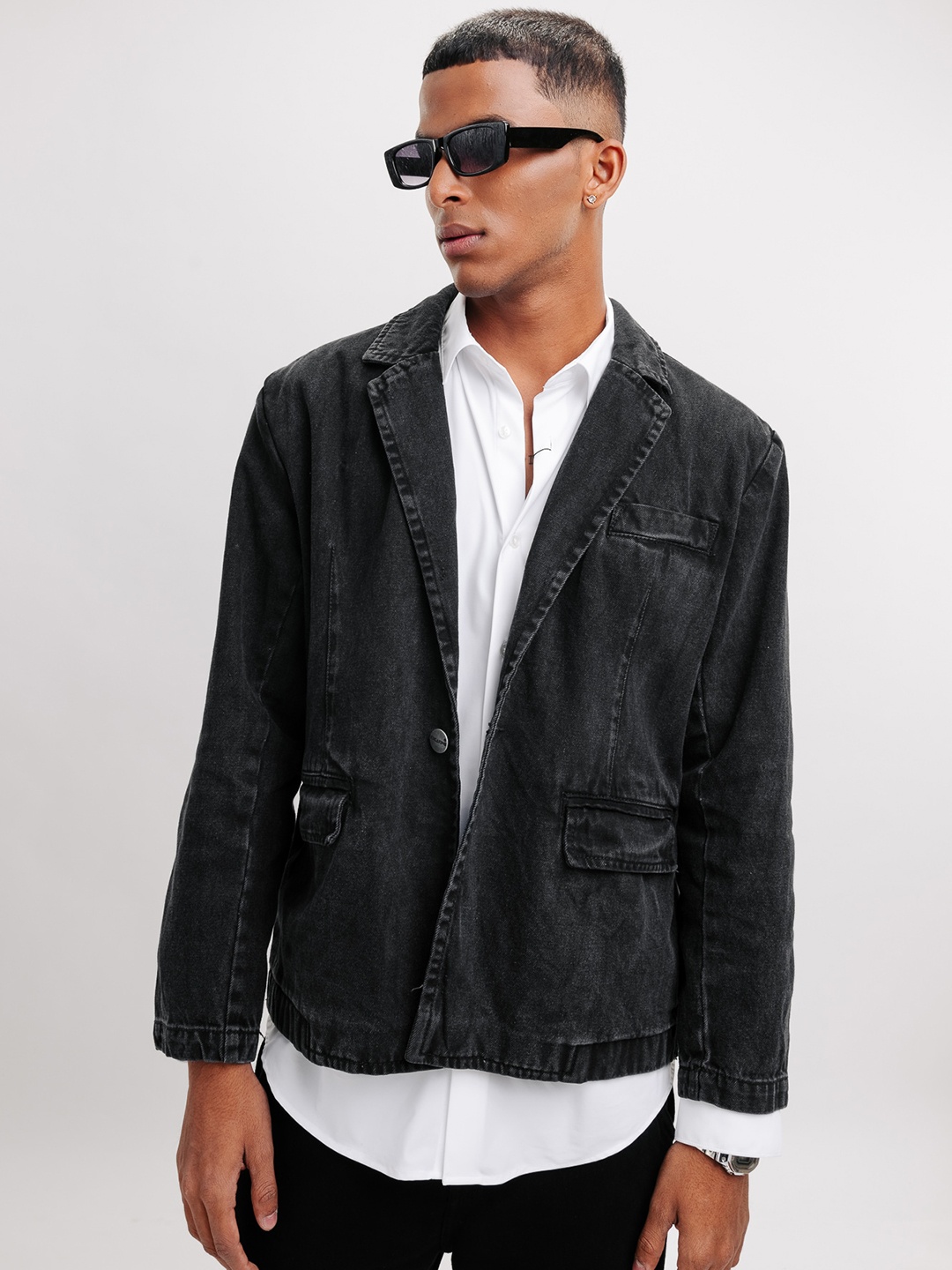 

FREAKINS Black Notched Lapel Collar Single-Breasted Pure Cotton Blazer