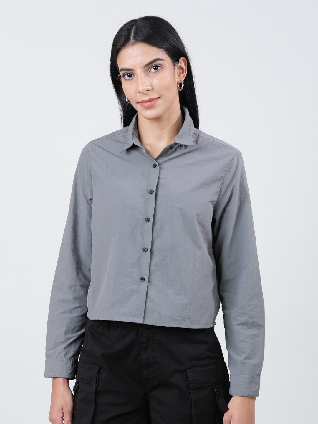 

Bene Kleed Women Full Sleeve Spread Collar Cropped Shirt, Grey