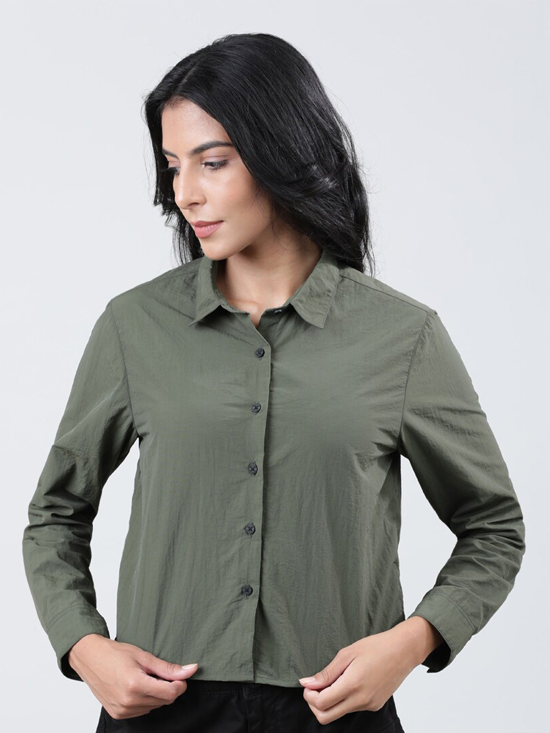 

Bene Kleed Women full sleeve Spread Collar crop shirt, Olive