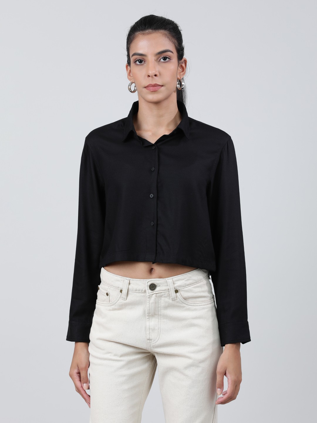 

Bene Kleed Women Full Sleeve Spread Collar Crop Shirt, Black