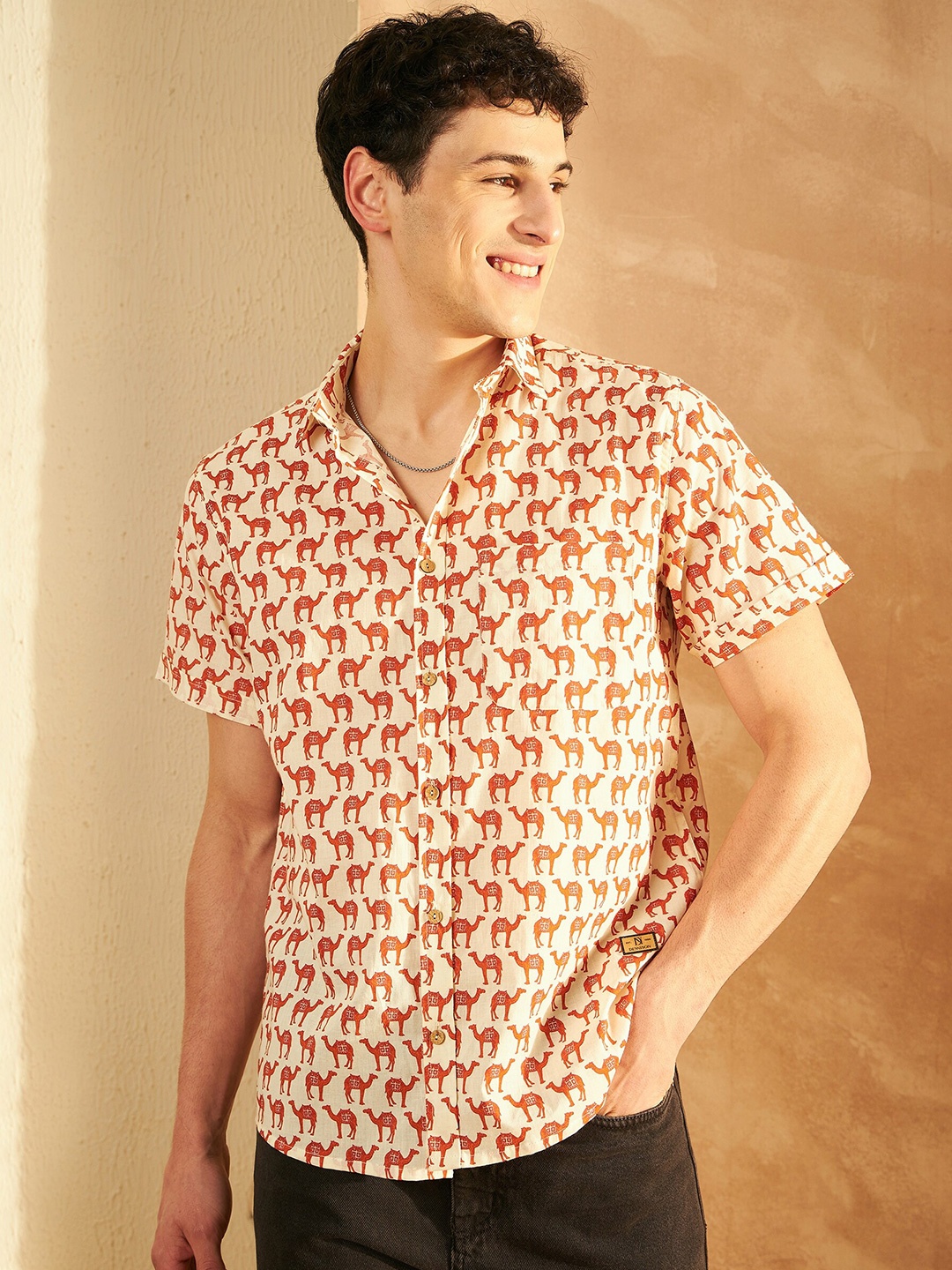 

DENNISON Smart Ethnic Motifs Printed Spread Collar Cotton Relaxed Lightweight Shirt, Cream