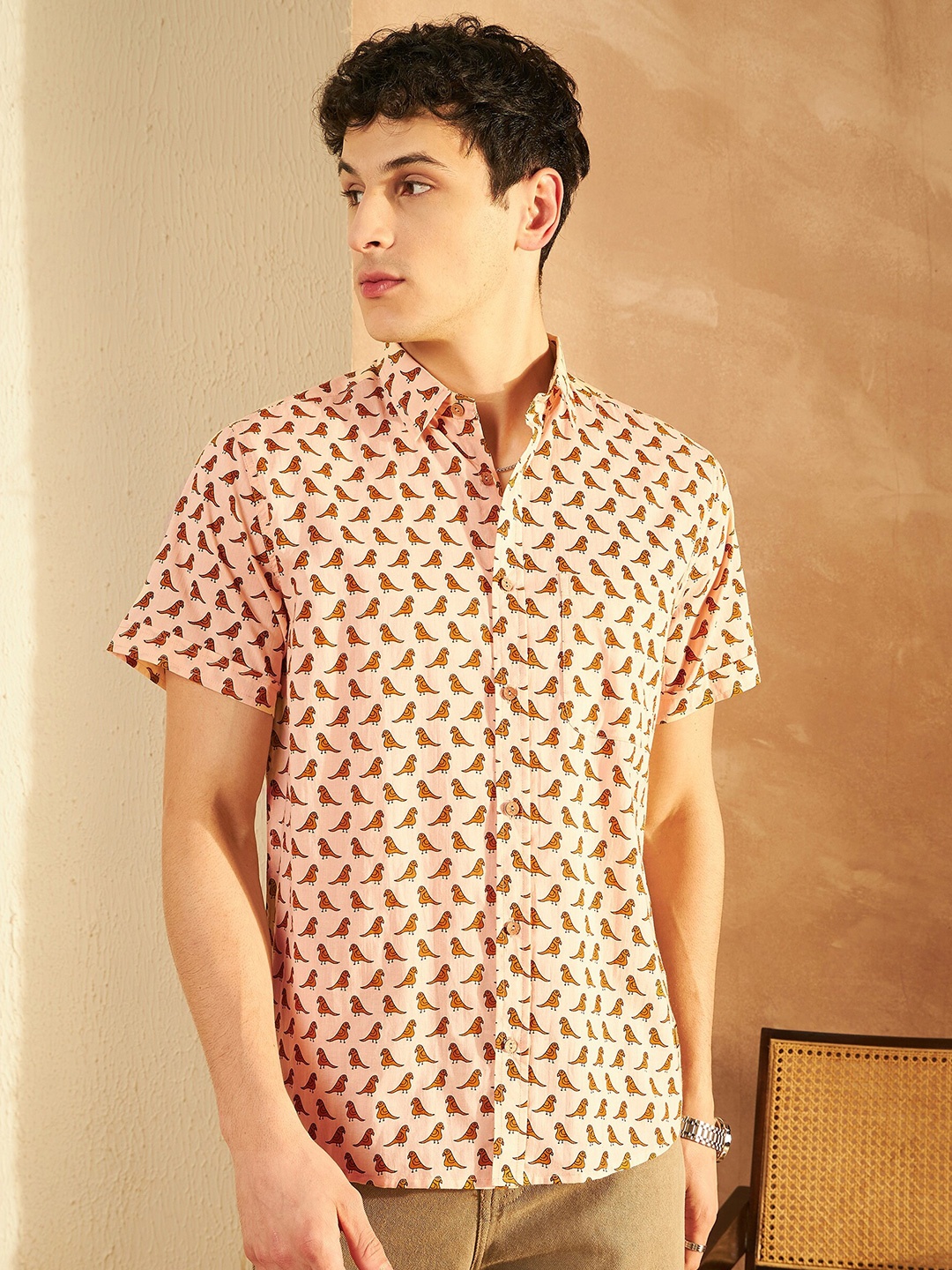 

DENNISON Smart Ethnic Motifs Printed Spread Collar Cotton Oversized Lightweight Shirt, Peach