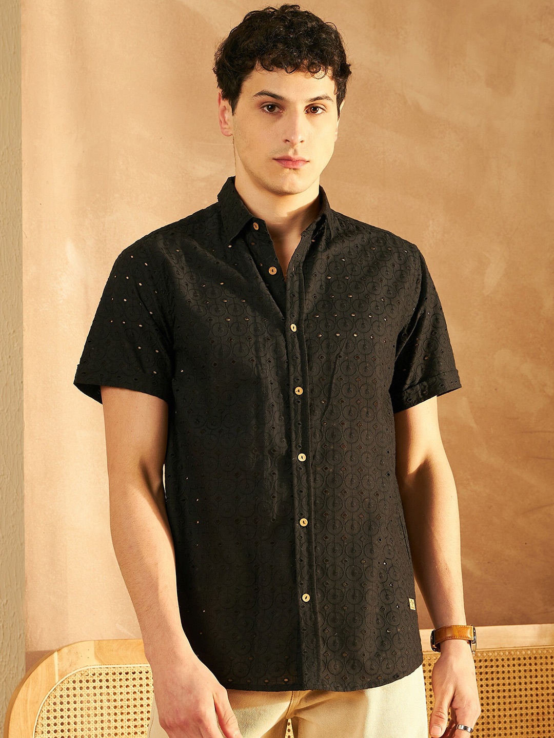 

DENNISON Smart Self Black Design Spread Collar Schiffli Cotton Oversized Casual Shirt