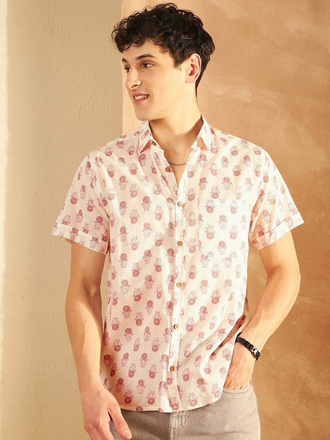 

DENNISON Smart Ethnic Motifs Printed Spread Collar Cotton Oversized Lightweight Shirt, Cream