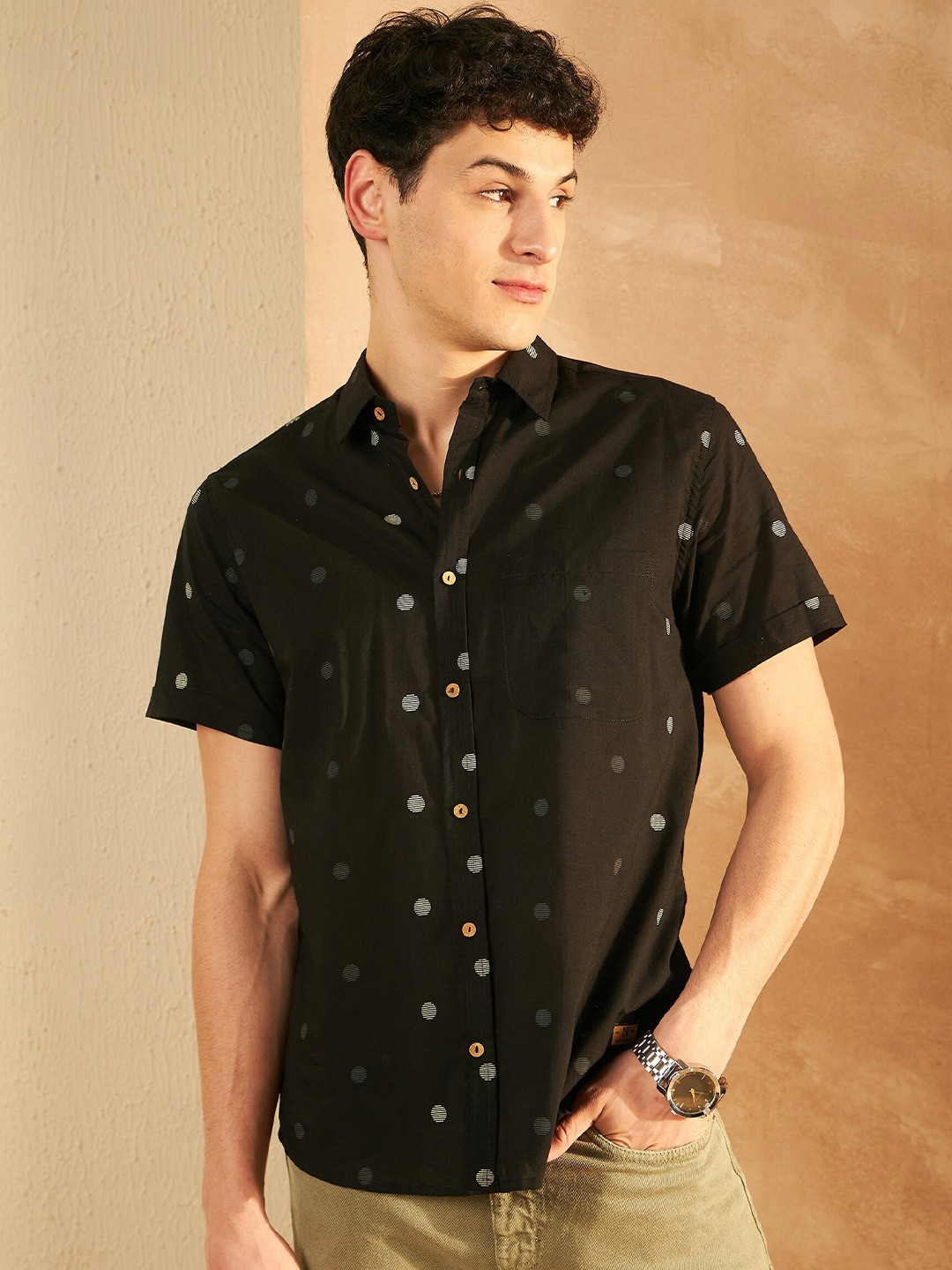 

DENNISON Smart Polka Dot Printed Spread Collar Cotton Oversized Lightweight Shirt, Black
