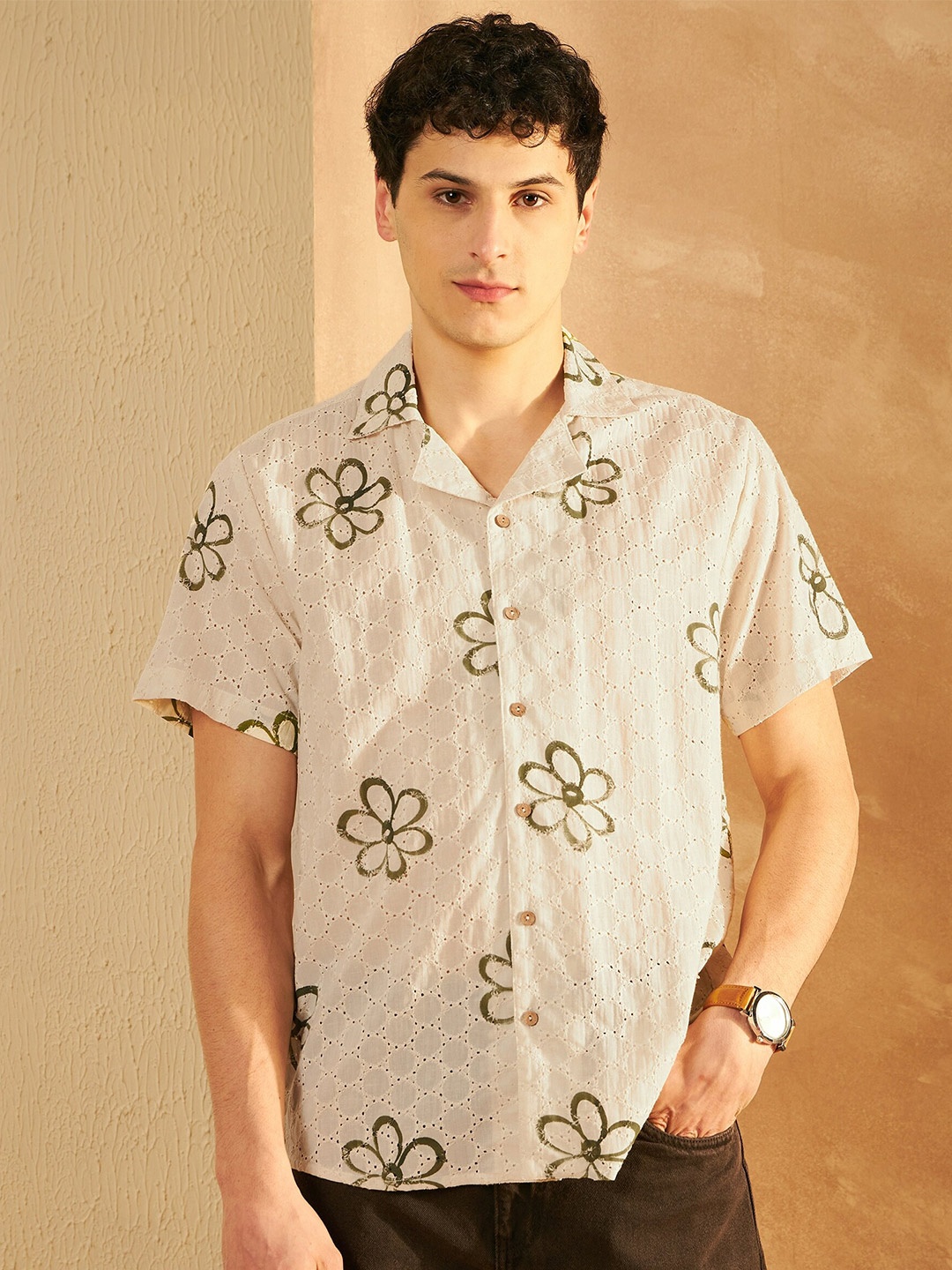 

DENNISON Smart Floral Printed Schiffi Casual Oversized Cotton Shirt, Cream