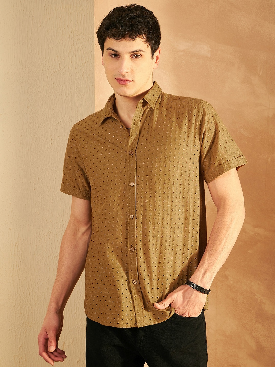 

DENNISON Smart Schiffli Self Design Casual Oversized Cotton Shirt, Brown