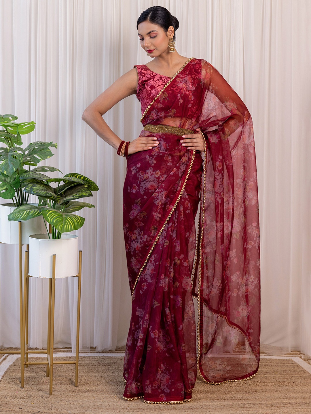 

LABEL KANUPRIYA Floral Beads And Stones Embellished Floral Printed Organza Saree, Burgundy