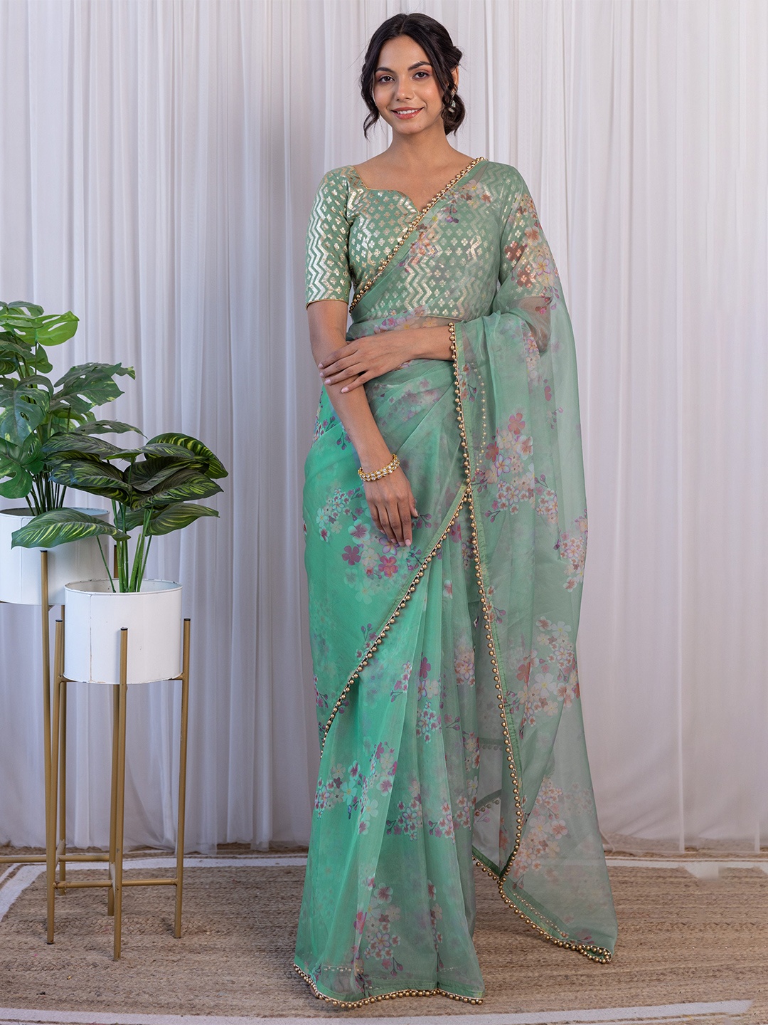 

LABEL KANUPRIYA Floral Beads And Stones Embellished Floral Printed Organza Saree, Green