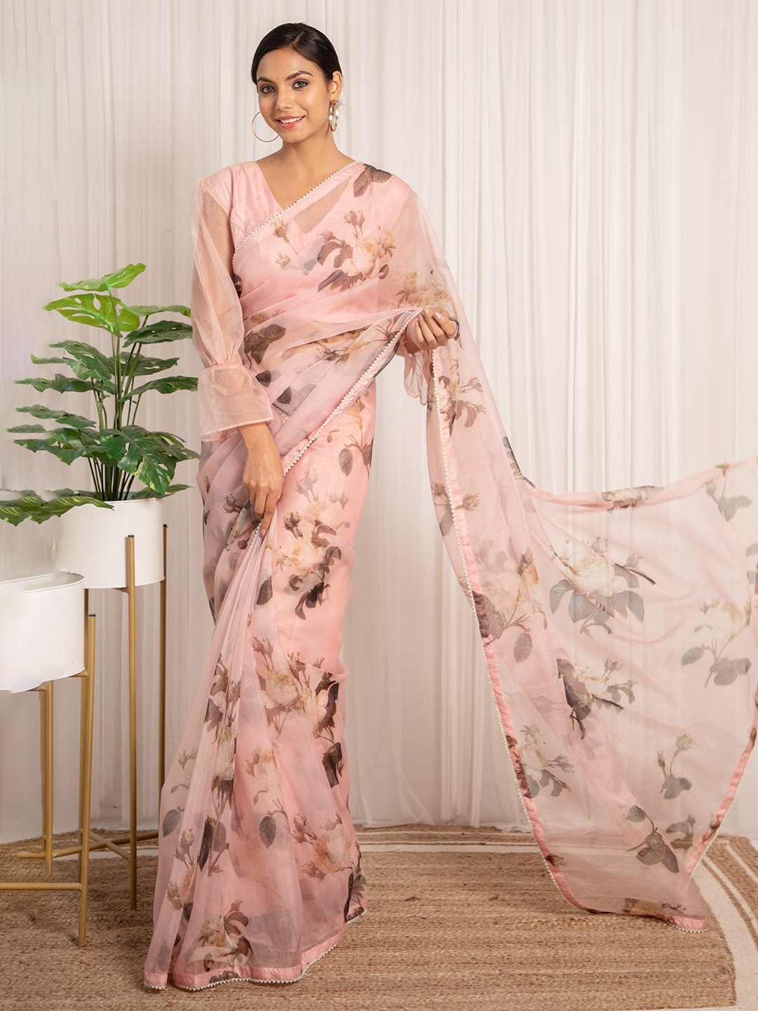 

LABEL KANUPRIYA Floral Beads And Stones Embellished Floral Printed Organza Saree, Peach