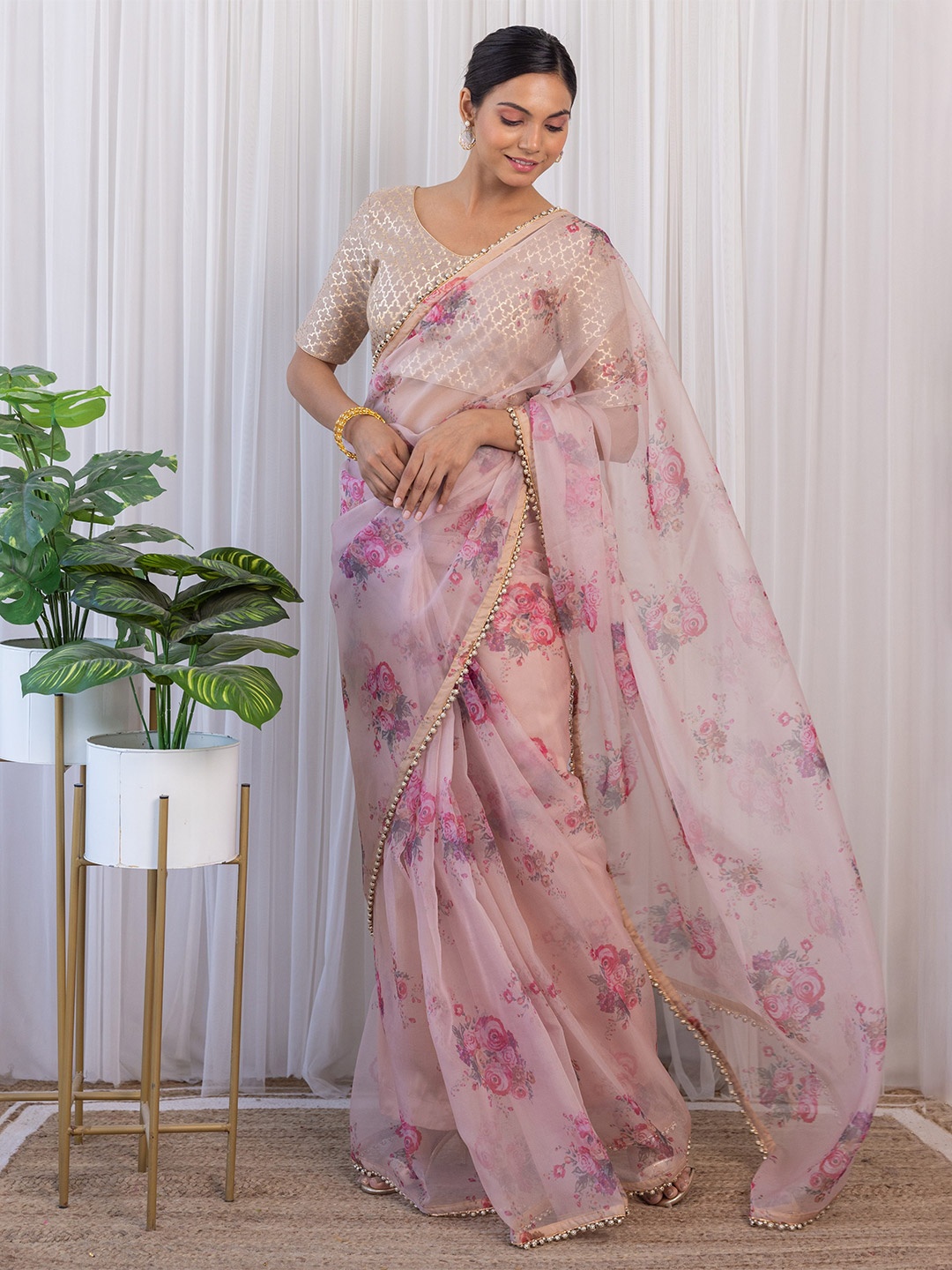 

LABEL KANUPRIYA Floral Beads And Stones Embellished Floral Printed Organza Saree, Nude