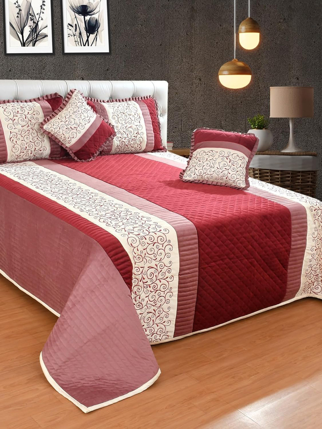 

Nivasam Maroon & White 6 Pcs Self Design Double King Superfine AC Room Cotton Bedding Set