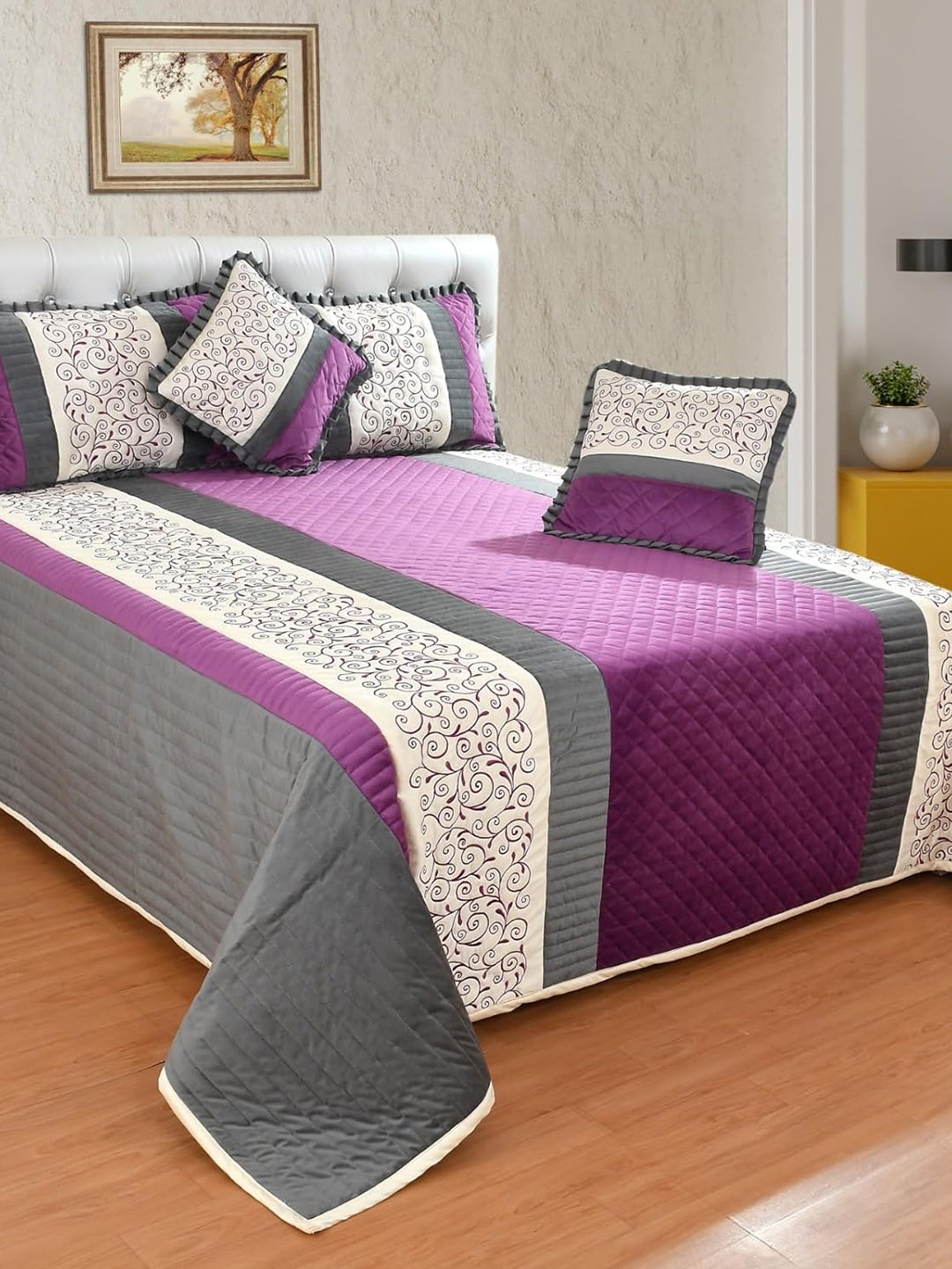 

Nivasam Purple & White 6 Pcs Self Design Double King Superfine AC Room Cotton Bedding Set