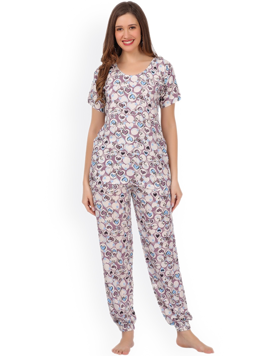 

Chanting Blue Floral Printed Night suit, Lavender