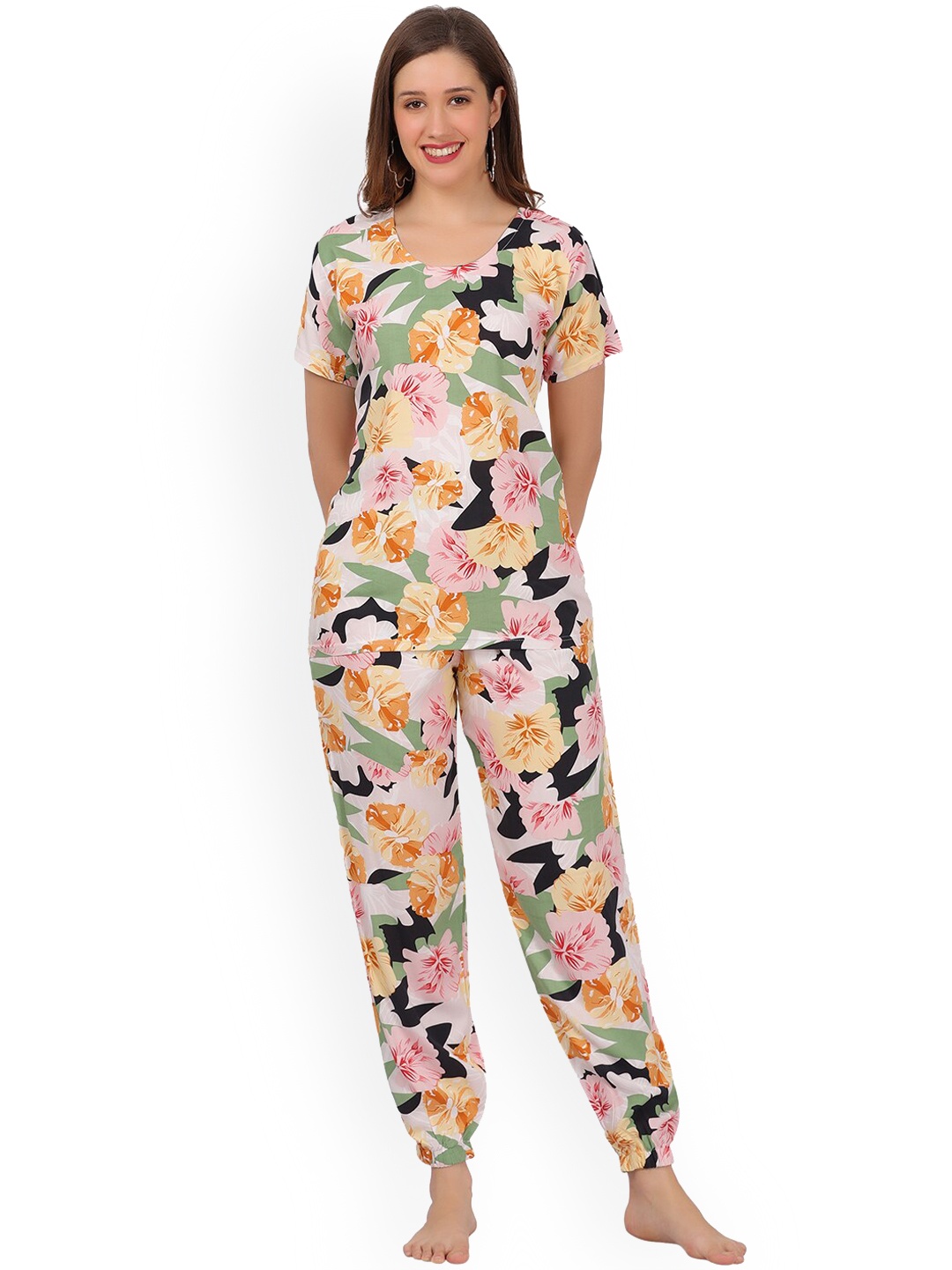 

Chanting Blue Floral Printed Night suit, White