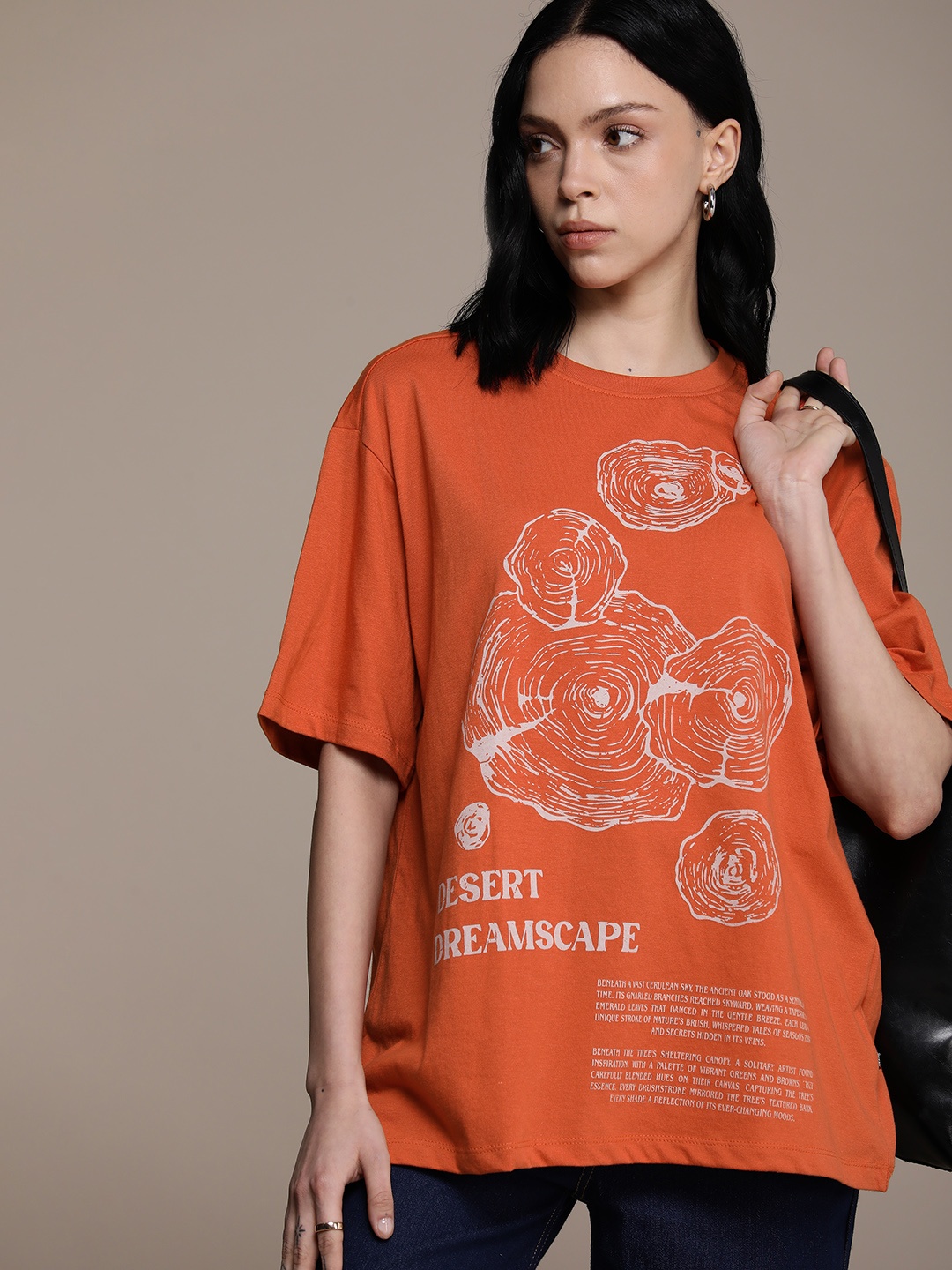 

The Roadster Life Co. Printed Drop-Shoulder Sleeves Oversized T-shirt, Orange