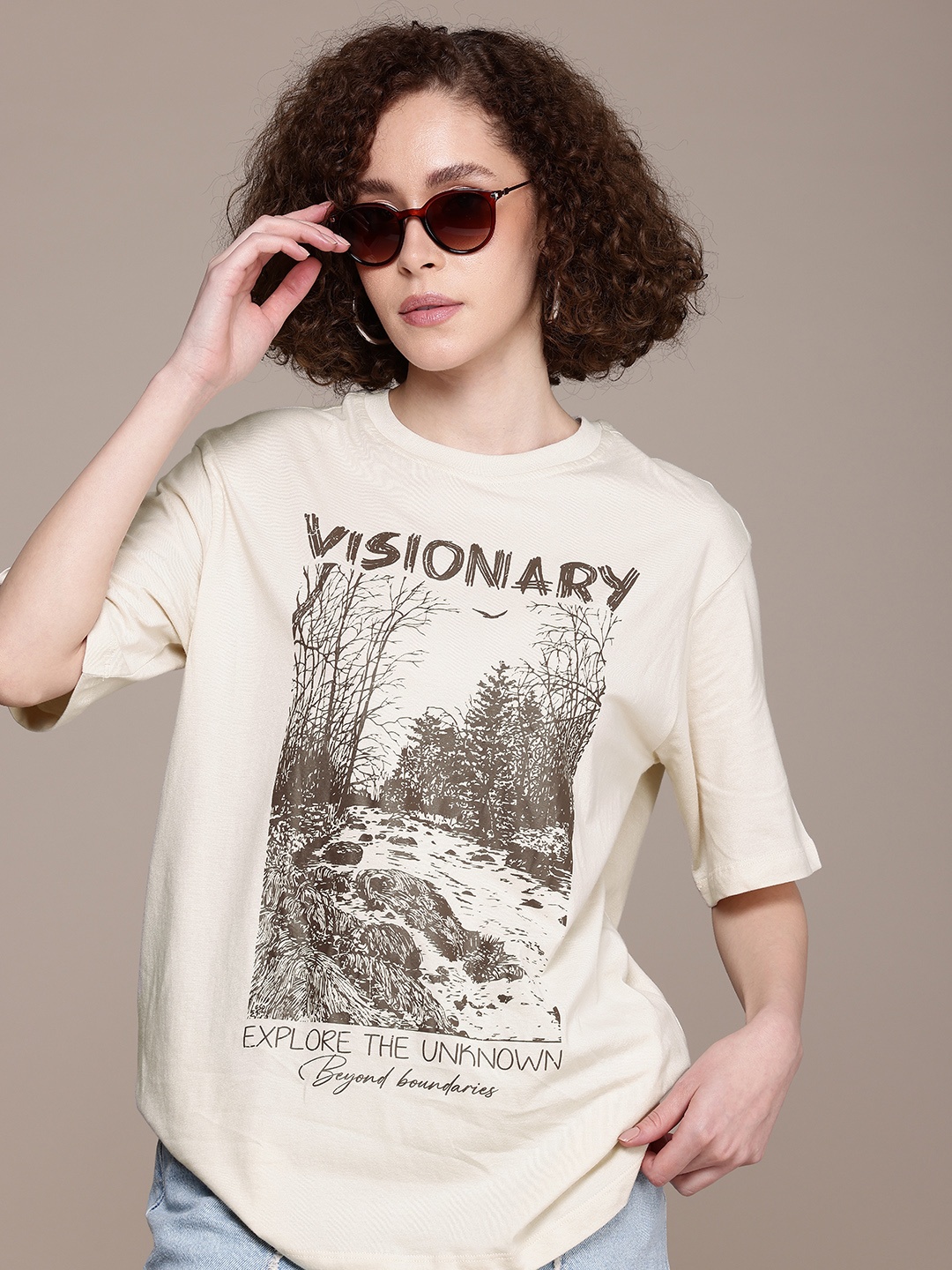 

The Roadster Life Co. Printed Oversized Drop-Shoulder Sleeves T-shirt, Beige