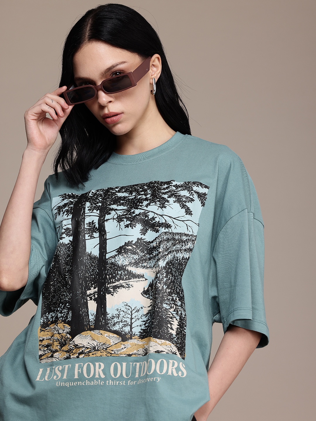 

The Roadster Life Co. Printed Drop-Shoulder Sleeves Oversized T-shirt, Teal