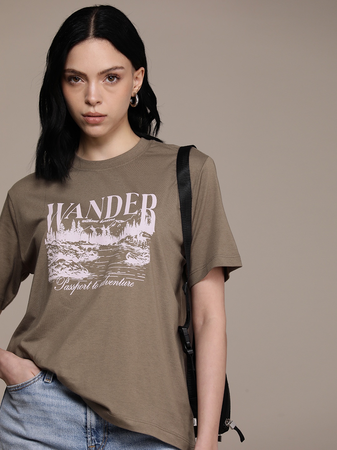 

The Roadster Life Co. Printed Drop-Shoulder Sleeves Boxy T-shirt, Taupe