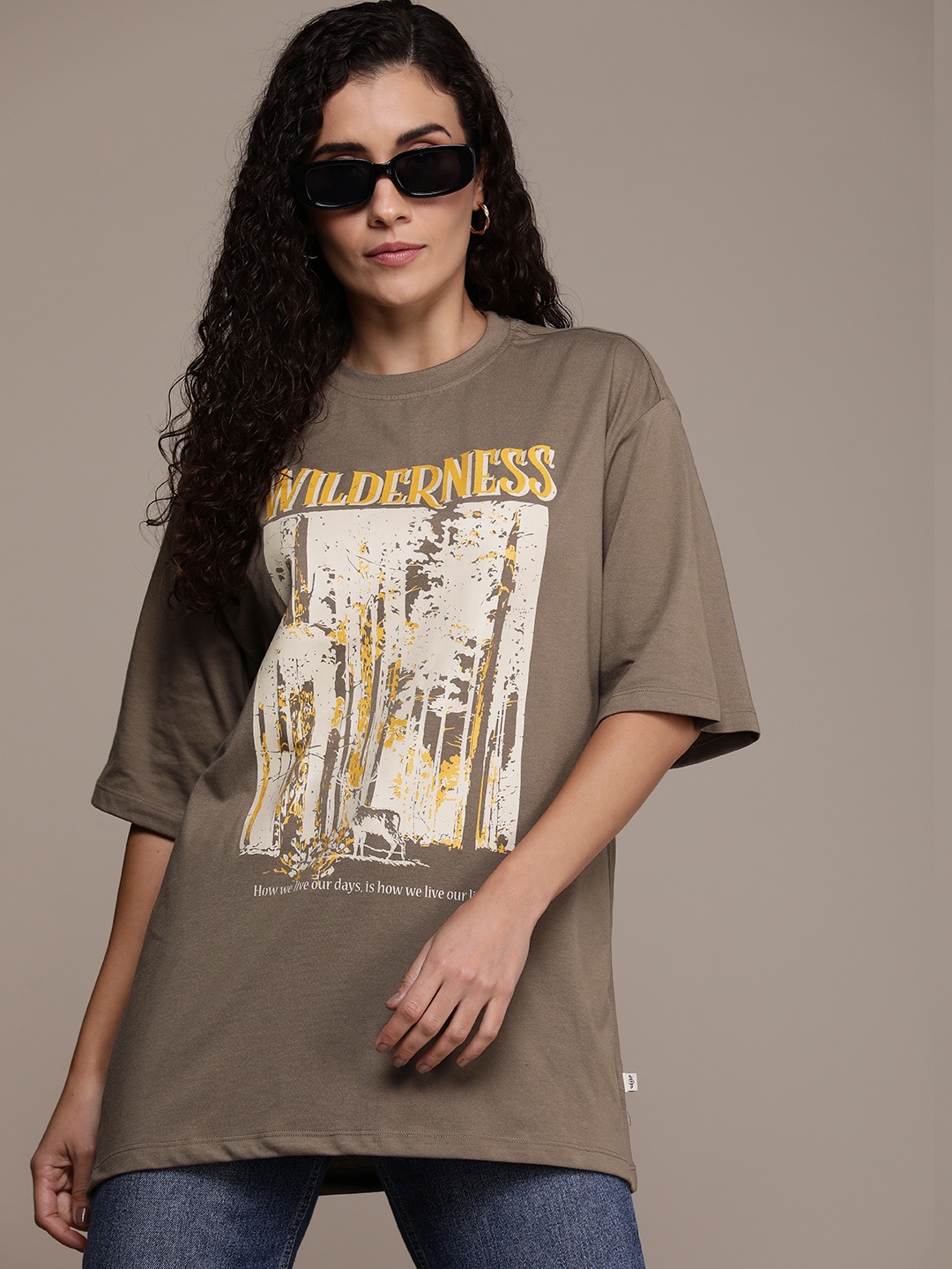 

The Roadster Life Co. Printed Drop-Shoulder Sleeves Oversized T-shirt, Brown