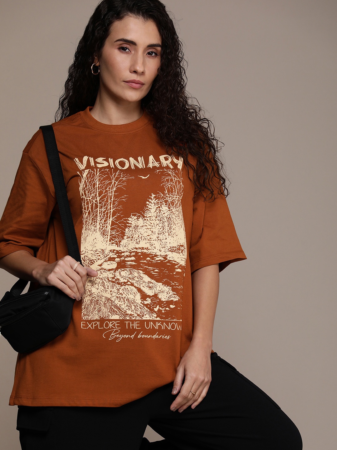 

The Roadster Life Co. Printed Drop-Shoulder Sleeves Oversized T-shirt, Rust