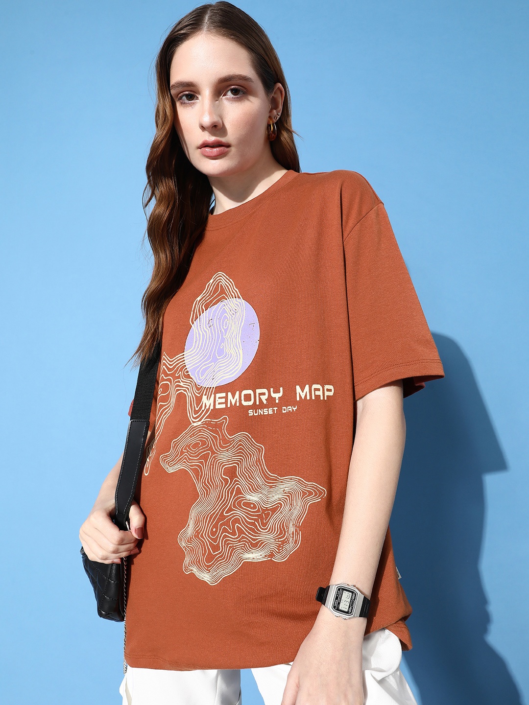 

The Roadster Life Co. Graphic Printed Drop-Shoulder Sleeves Oversized T-shirt, Brown