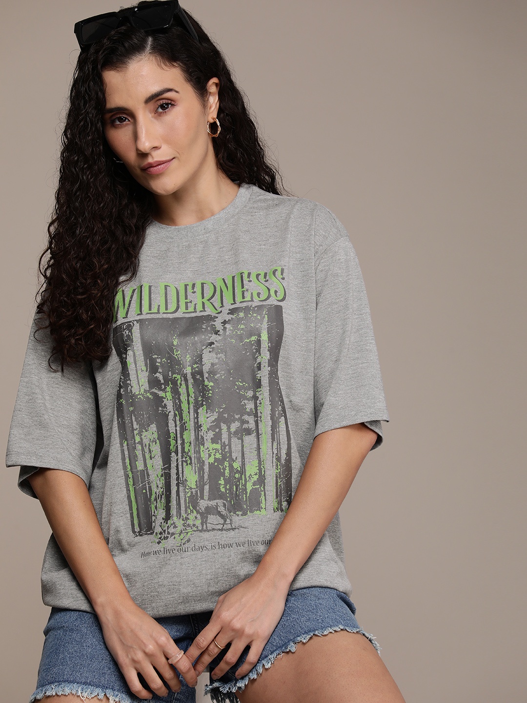 

The Roadster Life Co. Printed Drop-Shoulder Sleeves Oversized T-shirt, Grey melange