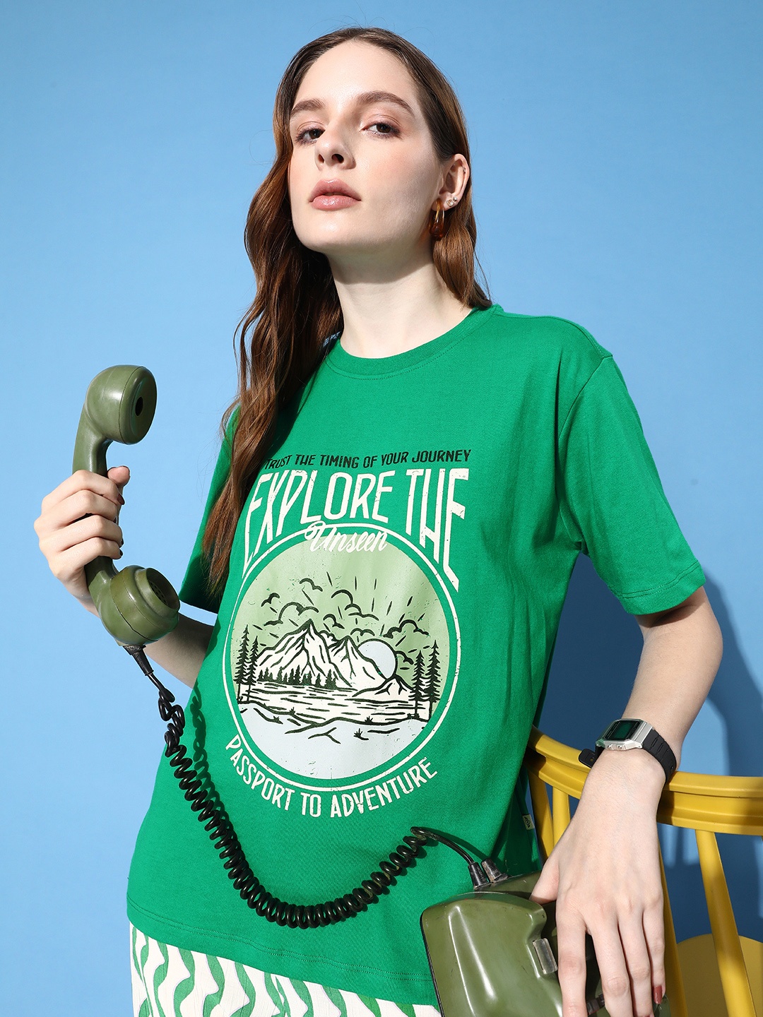 

The Roadster Life Co. Women Printed Drop-Shoulder Sleeves Boxy T-shirt, Green