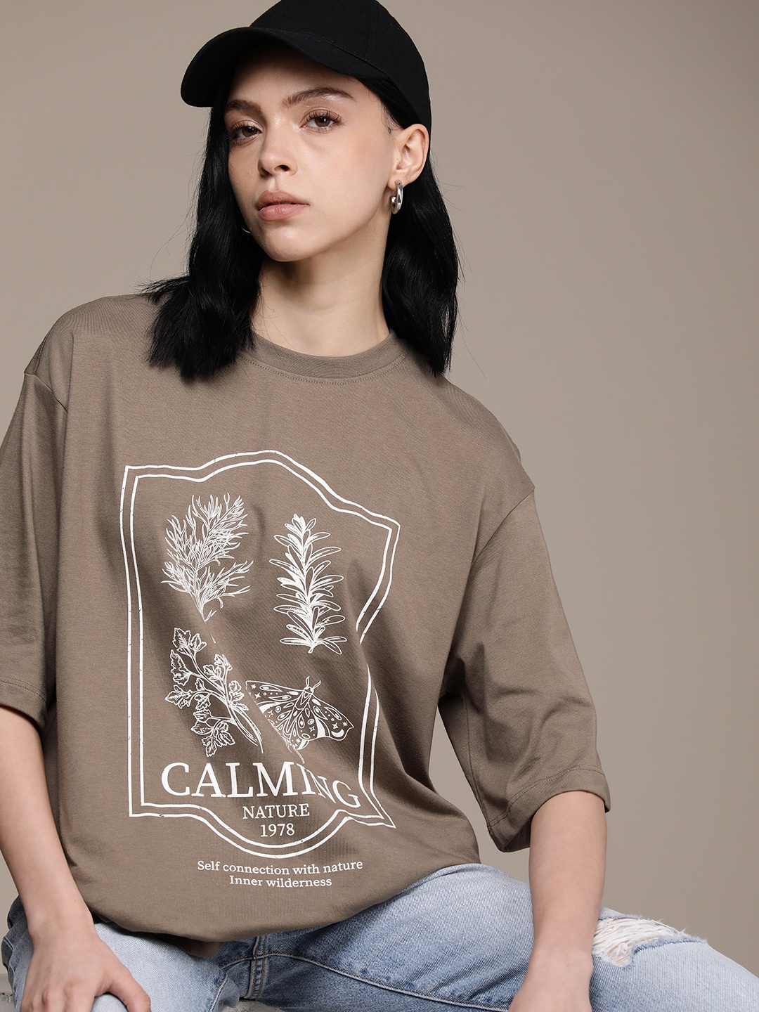 

The Roadster Life Co. Printed Drop-Shoulder Sleeves Oversized T-shirt, Brown