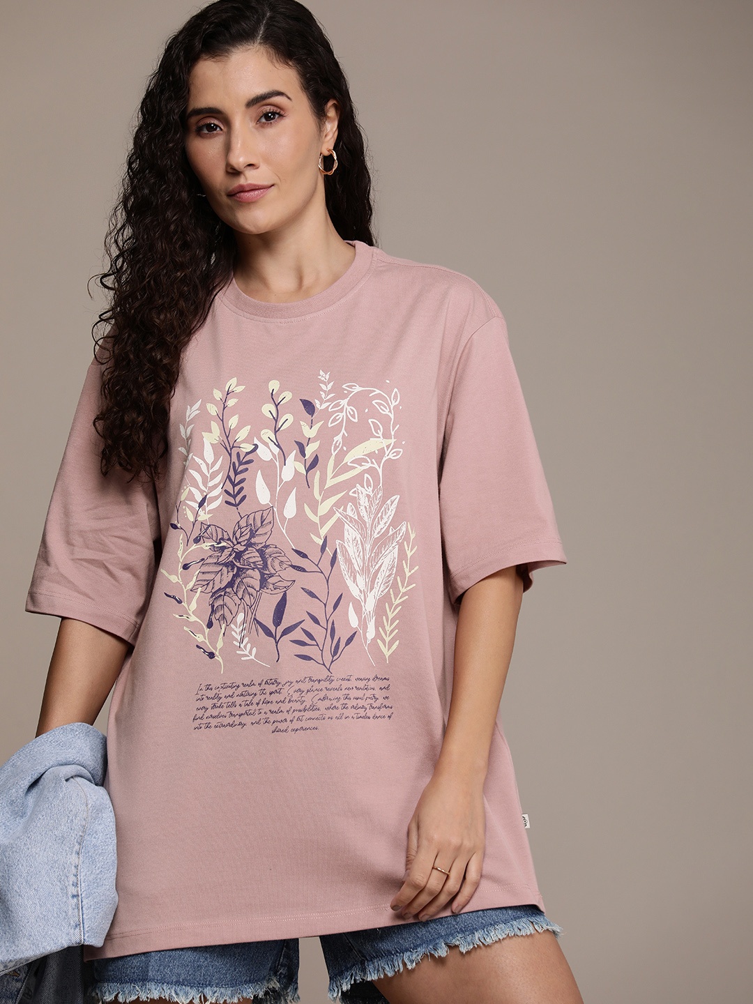 

The Roadster Life Co. Printed Drop-Shoulder Sleeves Oversized T-shirt, Mauve