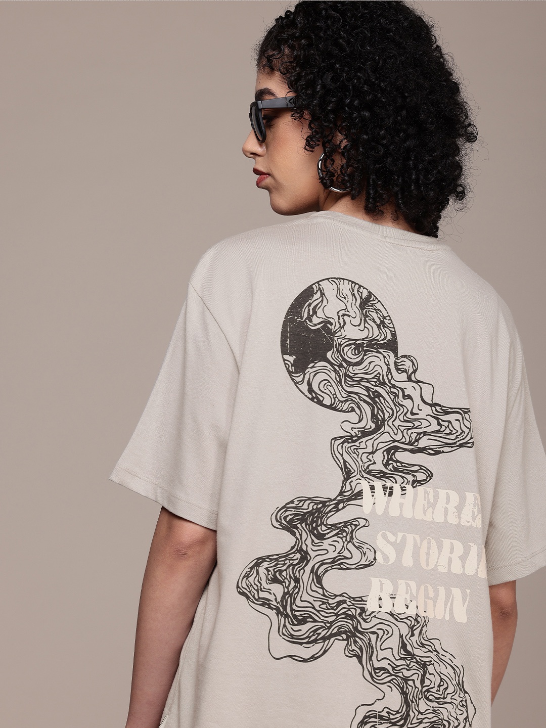 

The Roadster Life Co. Printed Oversized Drop-Shoulder Sleeves T-shirt, Grey