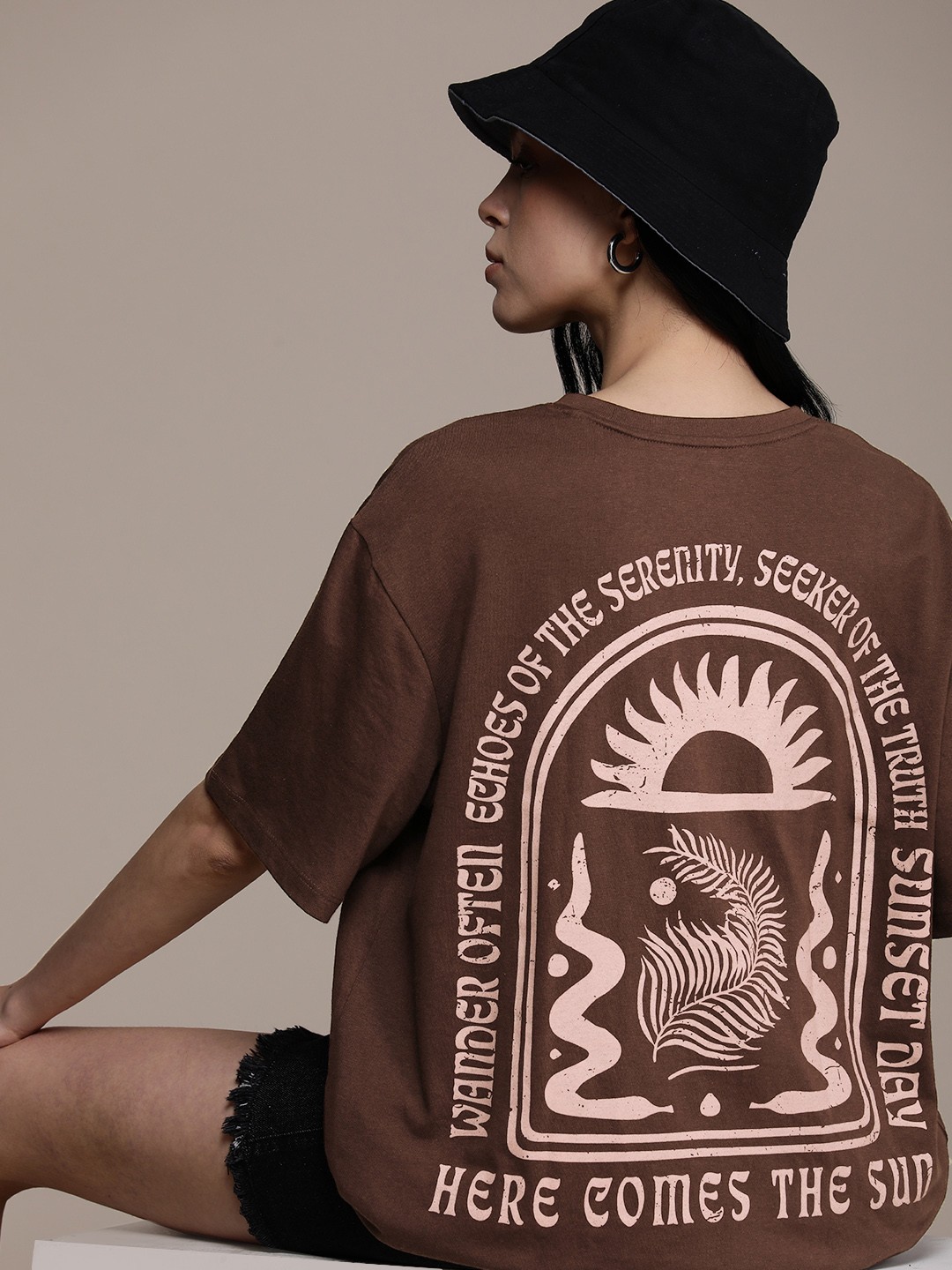 

The Roadster Life Co. Printed Drop-Shoulder Sleeves Oversized T-shirt, Brown