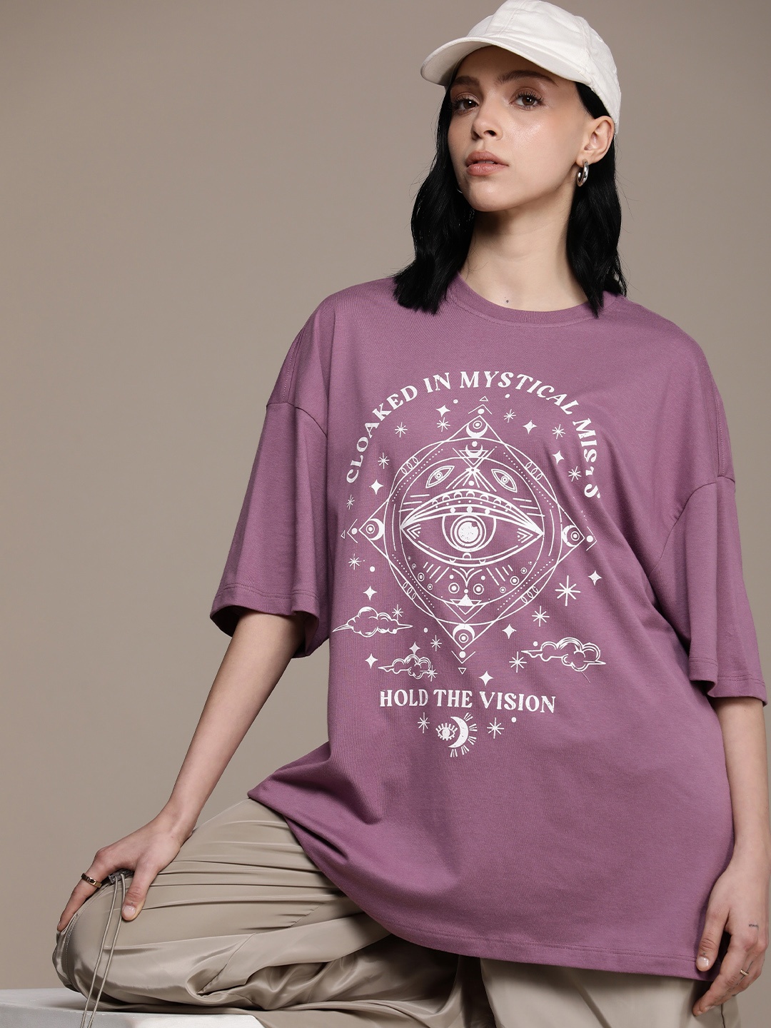 

The Roadster Life Co. Printed Drop-Shoulder Sleeves Oversized T-shirt, Purple