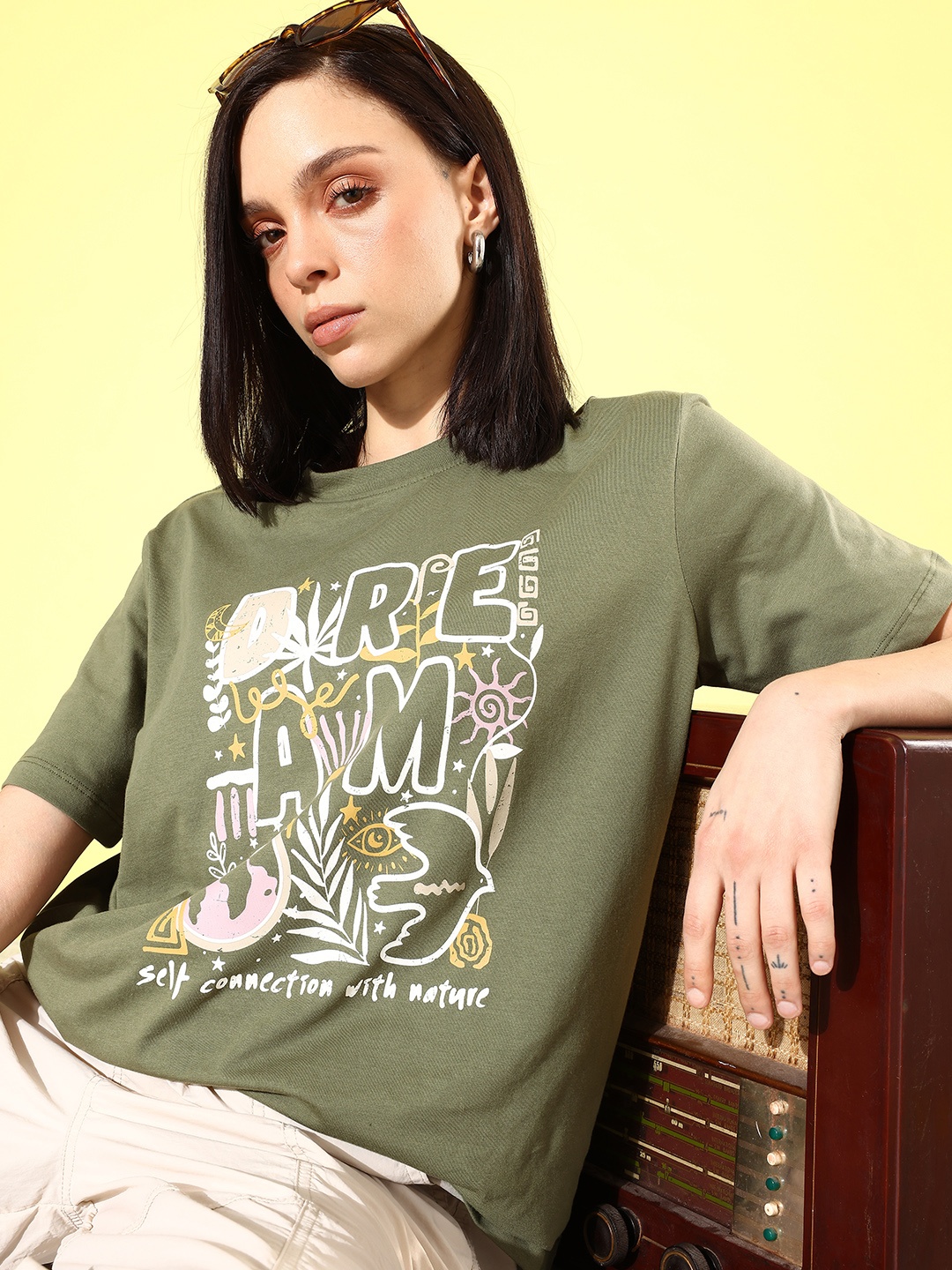 

The Roadster Life Co. Printed Drop-Shoulder Sleeves Boxy Crop T-shirt, Olive